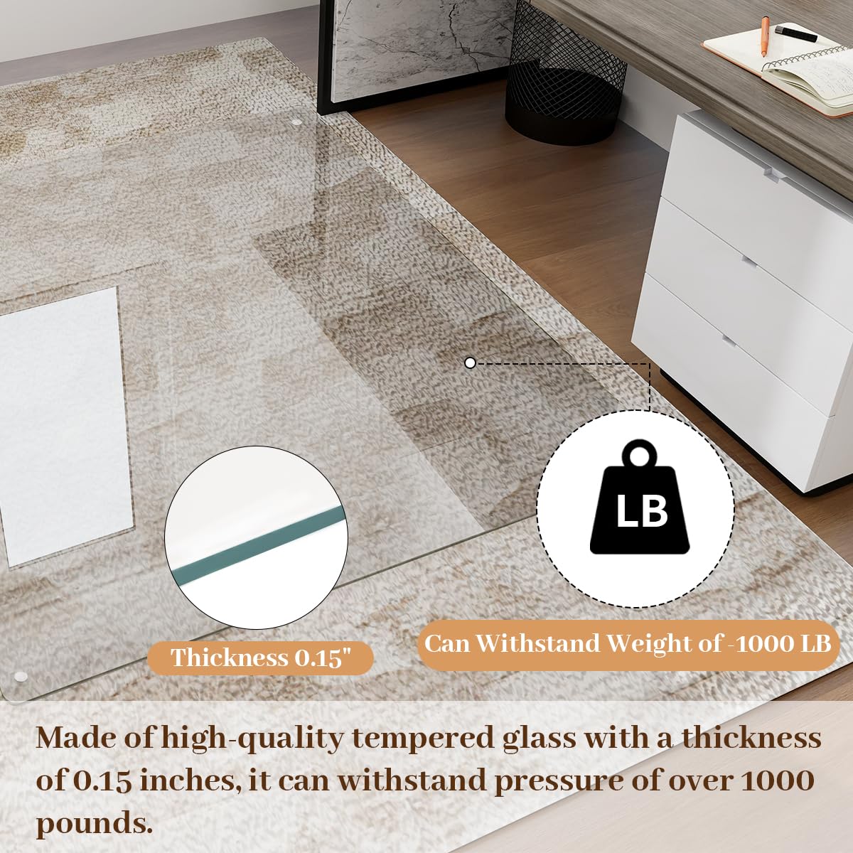 [Tempered Glass] 36" x 46" Glass Chair Mat, Heavy Duty Hard Floor Mat with Round Corner and Polished Edge, Office Chair Mat for Carpet Office Home Hardwood Floor Desk - Image 7