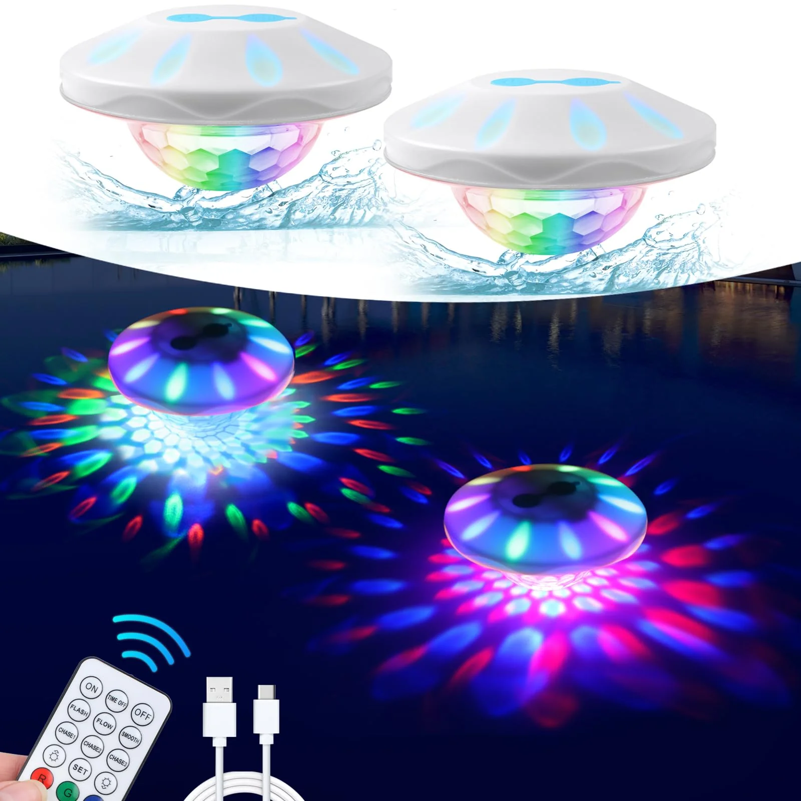 TEPENAR Rechargeable Floating Pool Lights: 2 Pack Pool Light that Float with RGB Color Changing Upper and Lower Floating Lights Remote Control IP68 Waterproof Bathtub Lights for Pond Garden Party