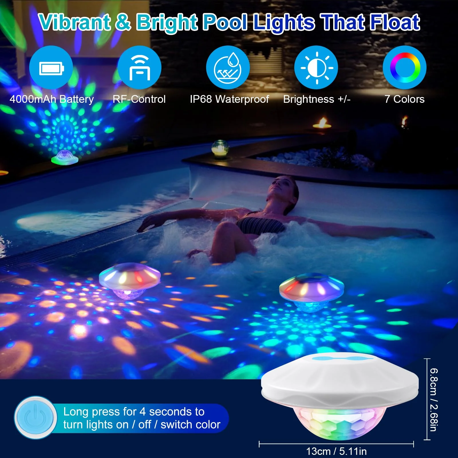 TEPENAR Rechargeable Floating Pool Lights: 2 Pack Pool Light that Float with RGB Color Changing Upper and Lower Floating Lights Remote Control IP68 Waterproof Bathtub Lights for Pond Garden Party - Image 6