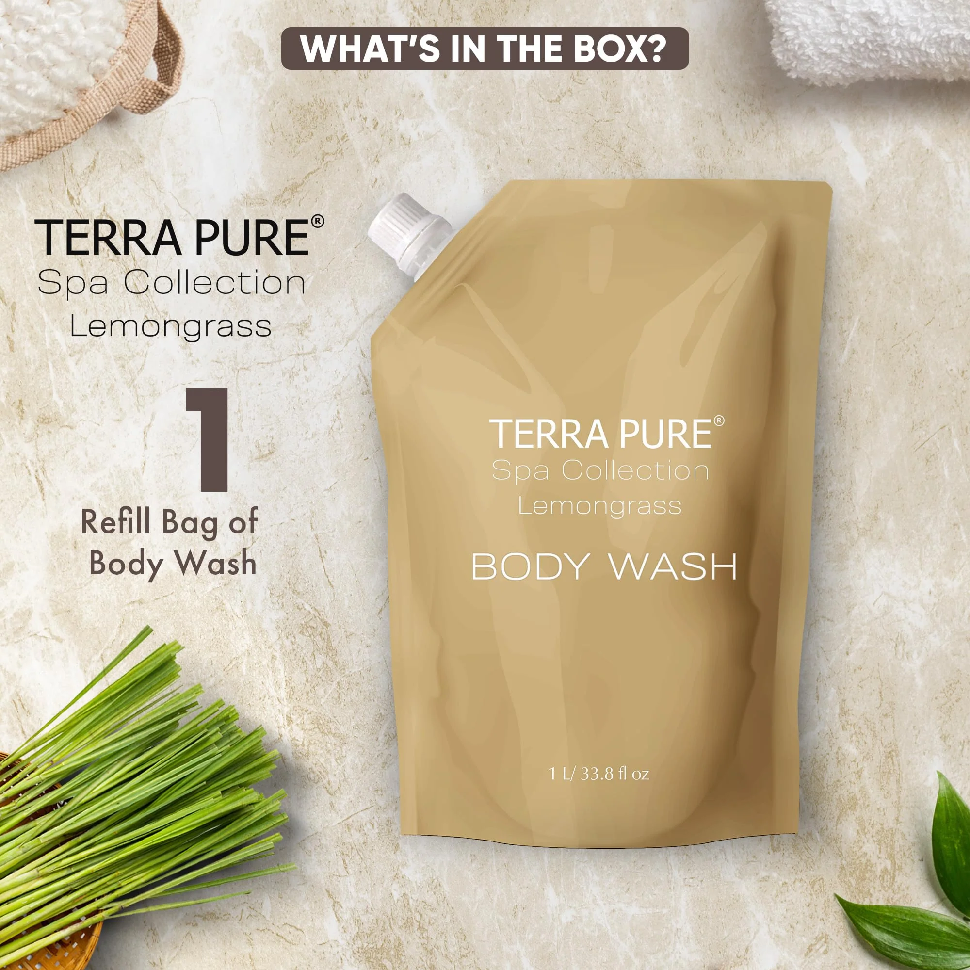 Terra Pure Spa Collection 1 Liter Body Wash Refill Bag For Soap Dispensers | Bulk Toiletries for Vacation Rentals, and Home Bathroom Showers | Green Tea Lemongrass | Single - Image 6