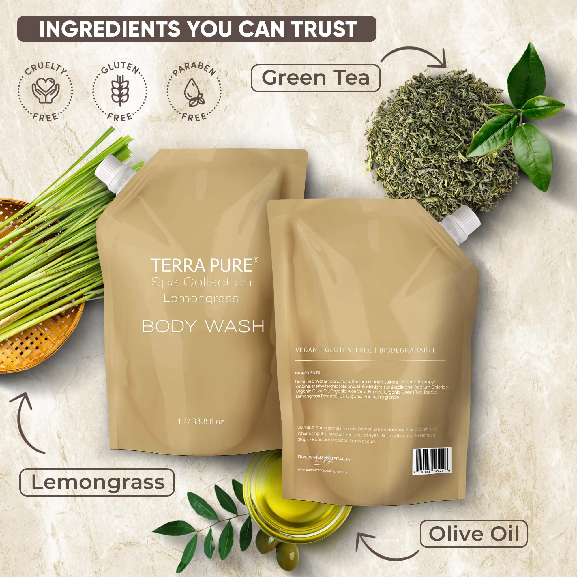Terra Pure Spa Collection 1 Liter Body Wash Refill Bag For Soap Dispensers | Bulk Toiletries for Vacation Rentals, and Home Bathroom Showers | Green Tea Lemongrass | Single - Image 7