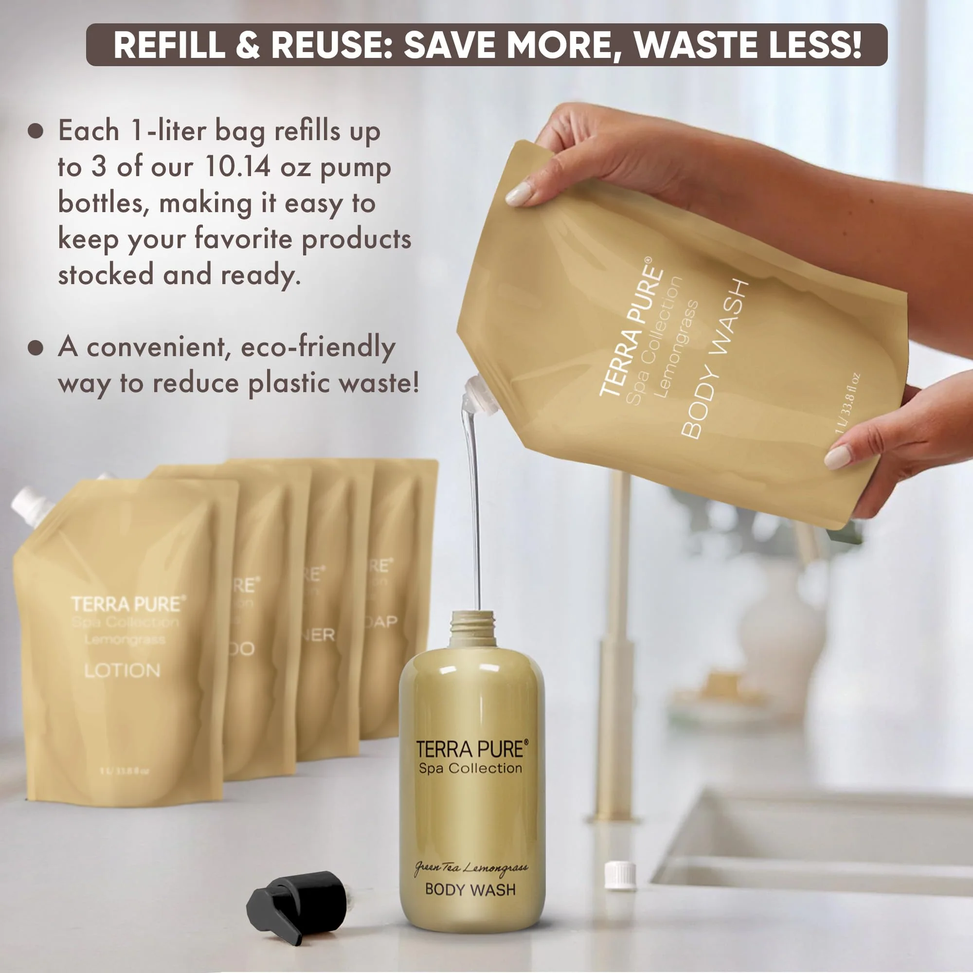 Terra Pure Spa Collection 1 Liter Body Wash Refill Bag For Soap Dispensers | Bulk Toiletries for Vacation Rentals, and Home Bathroom Showers | Green Tea Lemongrass | Single - Image 8