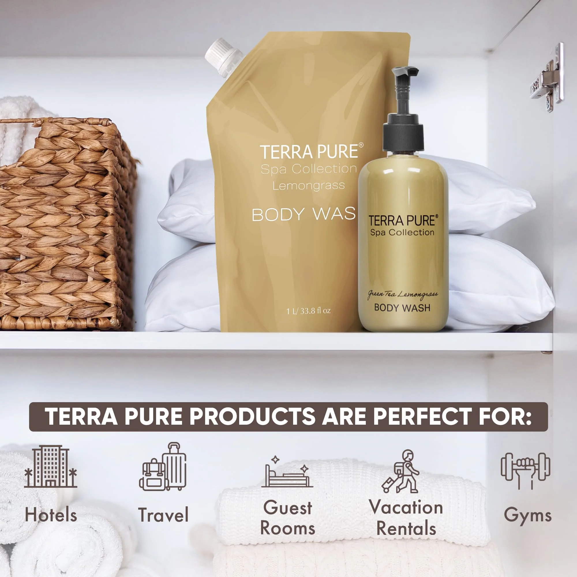 Terra Pure Spa Collection 1 Liter Body Wash Refill Bag For Soap Dispensers | Bulk Toiletries for Vacation Rentals, and Home Bathroom Showers | Green Tea Lemongrass | Single - Image 9