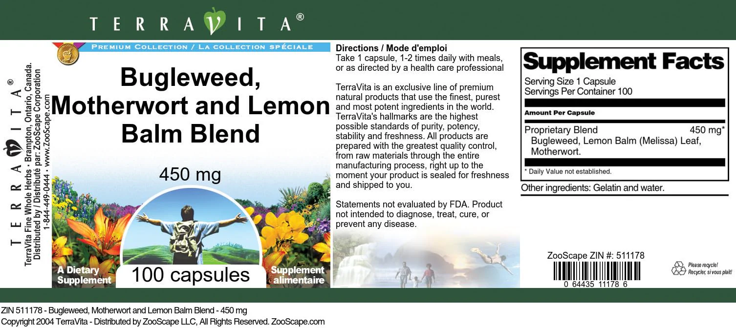 Terravita Thyroid Support - Bugleweed, Motherwort and Lemon Balm - 450 mg (100 Capsules, ZIN: 511178) - Image 4