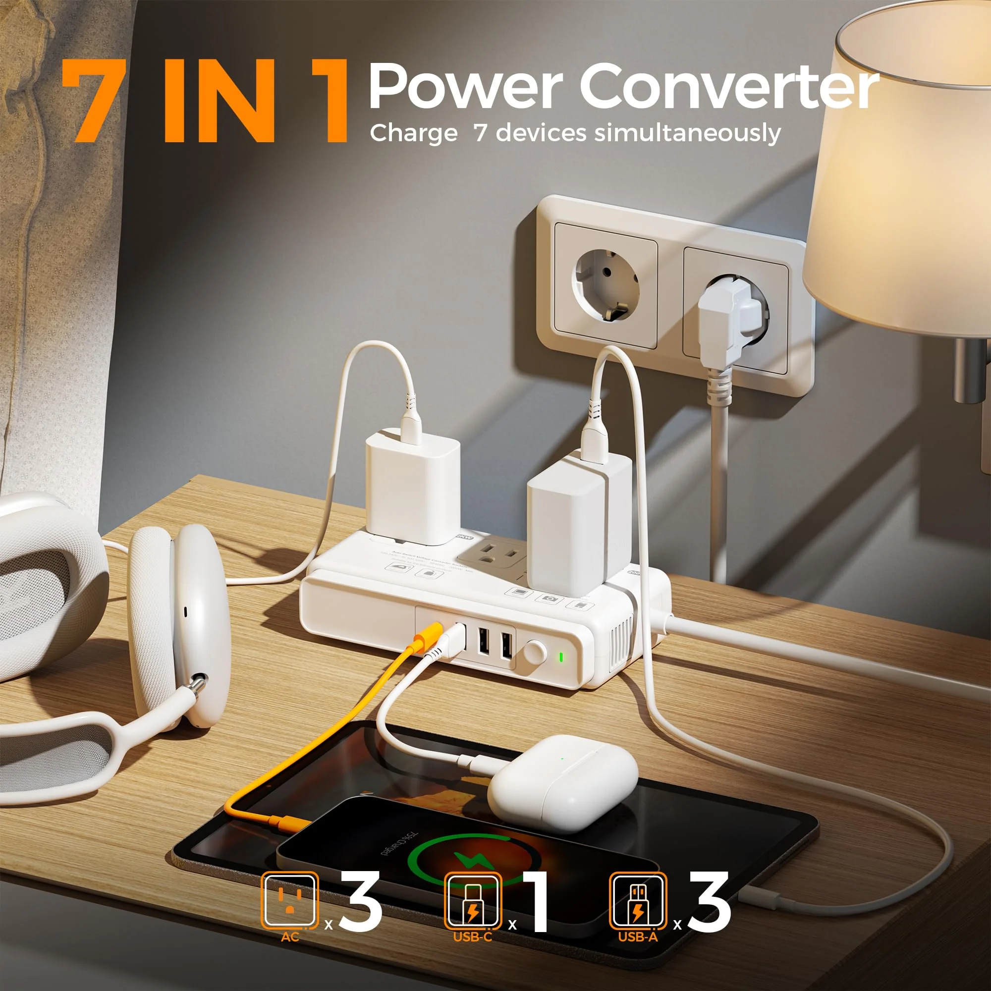 TESSAN Voltage Converter US to Europe, 220 to 110 Voltage Converter, Universal Travel Adapter with 4 USB Ports (1 USB C), 3 AC and EU UK AU IT in ZA Plug Power Adapter, Step Down Transformer, 4 FT - Image 4