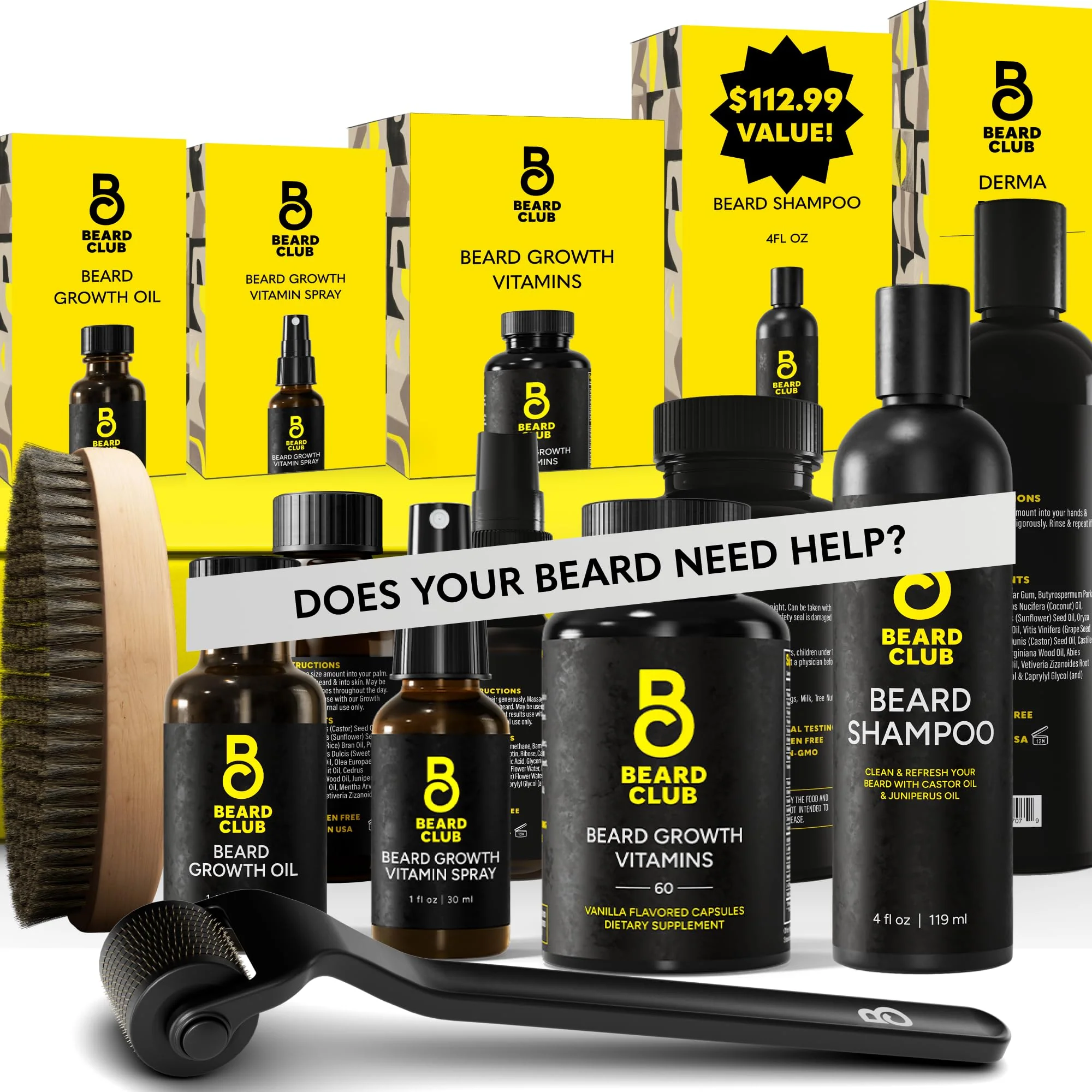 The Beard Club Advanced Beard Growth Kit - Derma Roller, Growth Oil, Vitamins and Vitamin Spray, Shampoo and Boar Bristle Brush - Gift Set - Cedar - Image 2