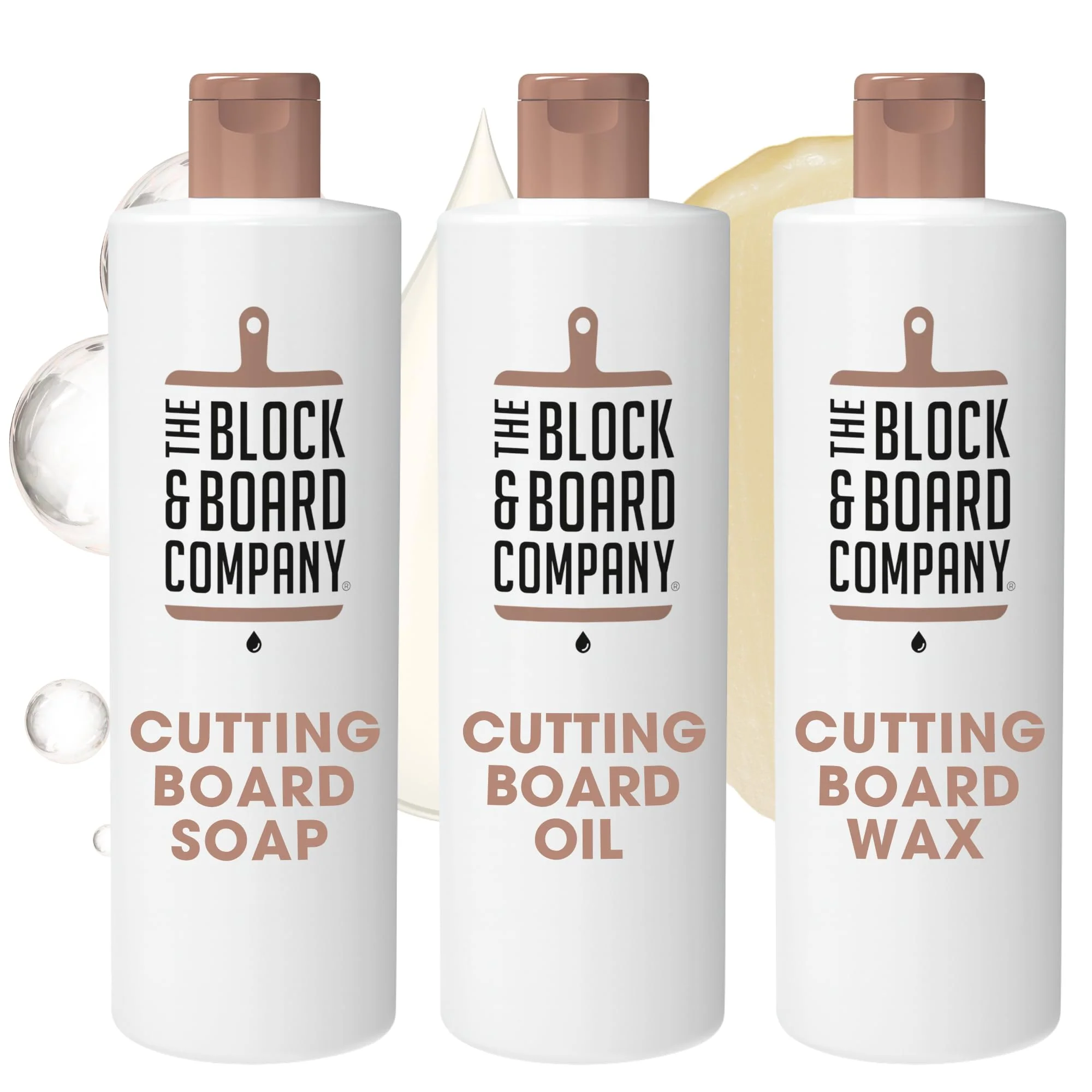 The Block & Board Company Specialist Chopping Board Complete Kit Food Grade Soap, Wax & Oil | Cleans, Nourishes, Seals & Protects Wood, Butcher Blocks, Countertops & Utensils | 3 Piece Set