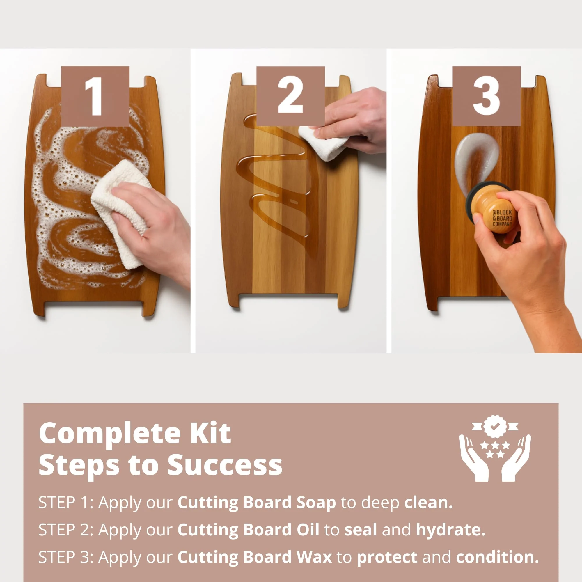 The Block & Board Company Specialist Chopping Board Complete Kit Food Grade Soap, Wax & Oil | Cleans, Nourishes, Seals & Protects Wood, Butcher Blocks, Countertops & Utensils | 3 Piece Set - Image 6