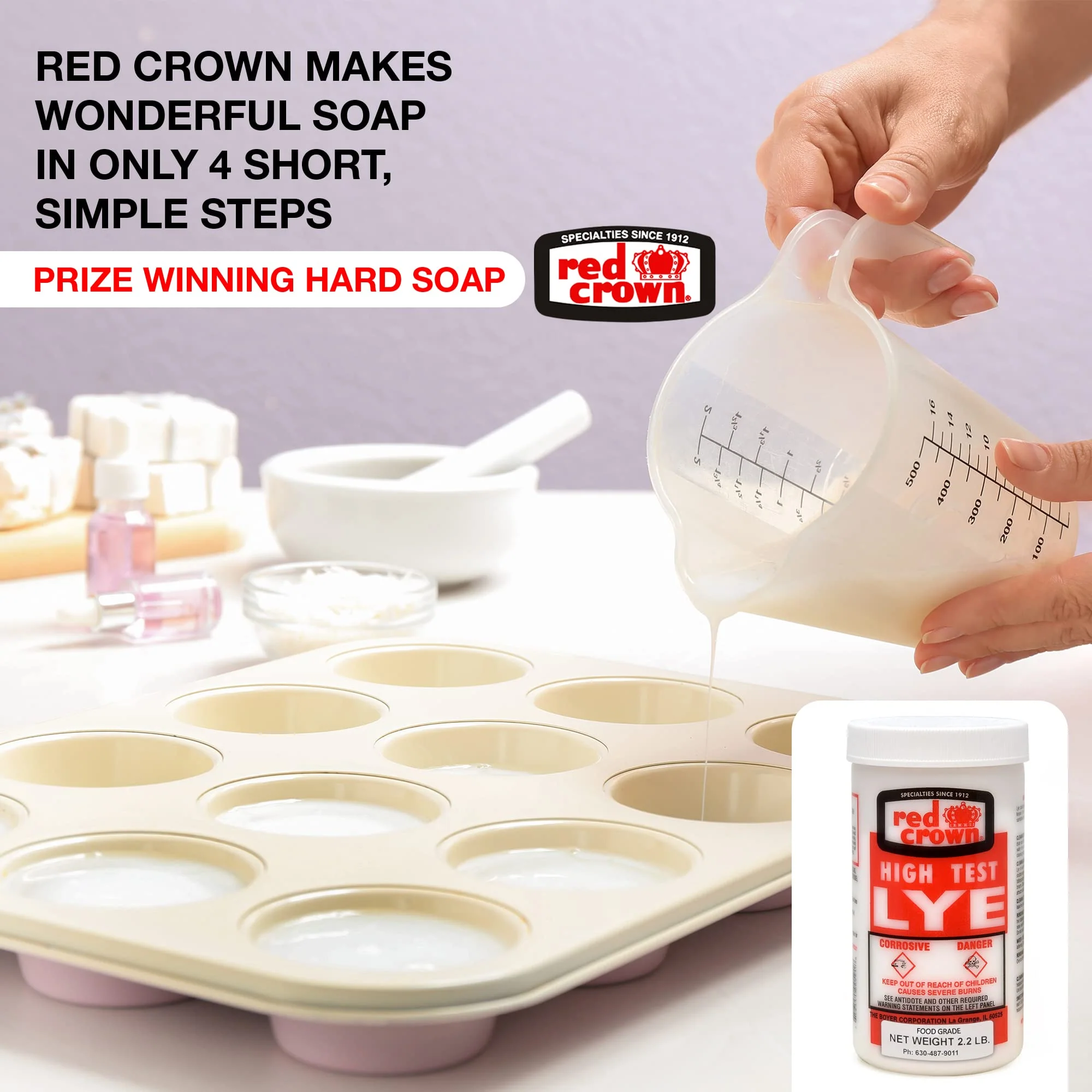 The Boyer Corporation Red Crown Lye for Soap Making, Sodium Hydroxide Pure High Test Food Grade Lye, Caustic Soda, Drain Cleaner and Clog Remover, 3 Pack 2.2 lbs. - Image 4