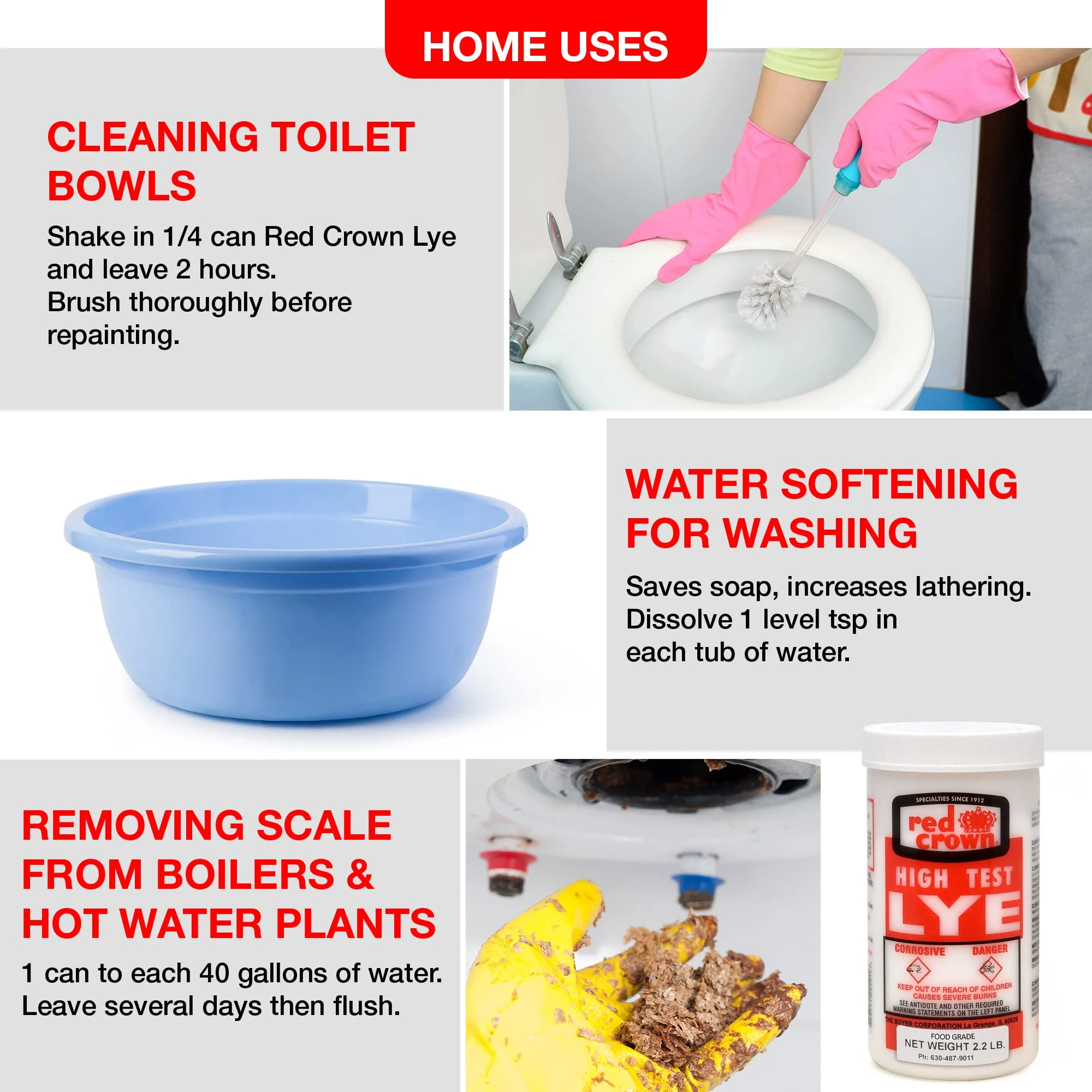 The Boyer Corporation Red Crown Lye for Soap Making, Sodium Hydroxide Pure High Test Food Grade Lye, Caustic Soda, Drain Cleaner and Clog Remover, 3 Pack 2.2 lbs. - Image 5