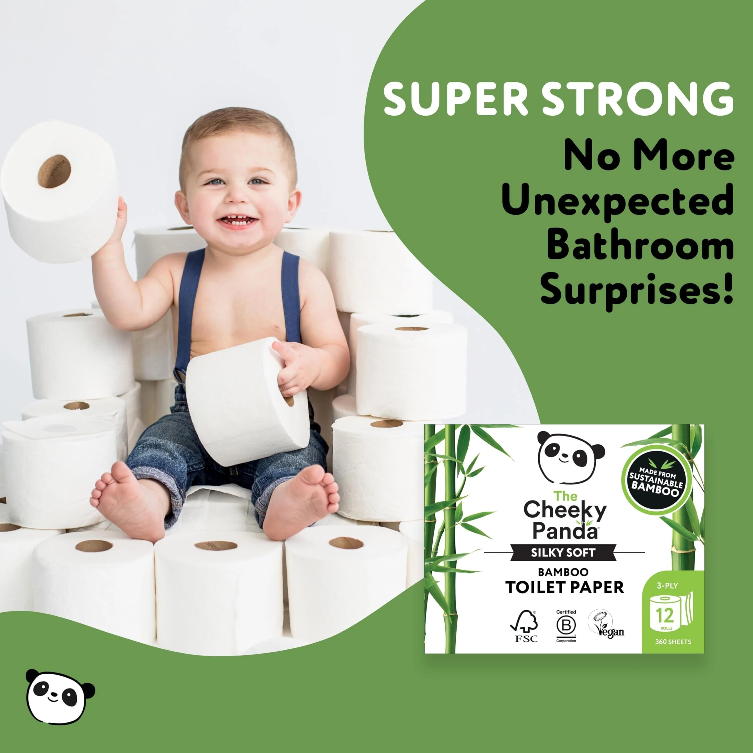 The Cheeky Panda Bamboo Toilet Paper Bulk | 12 Family Sized Rolls with 360 Soft Sheets Each (4320 Sheets) | Super Strong 3 Ply Biodegradable Toilet Paper - Image 3