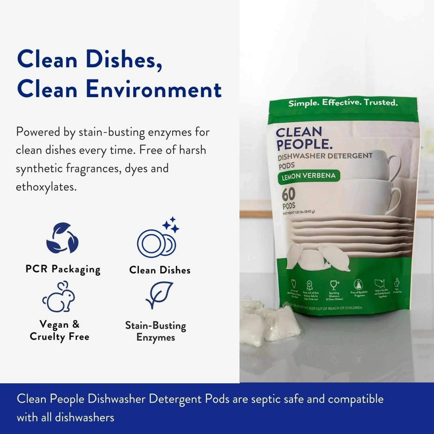 The Clean People Dishwasher Pods - Cuts Grease & Rinses Sparkling Clean - Residue-Free - Phosphate Free Dishwashing Pods (60 Count, Lemon Verbena) - Image 5