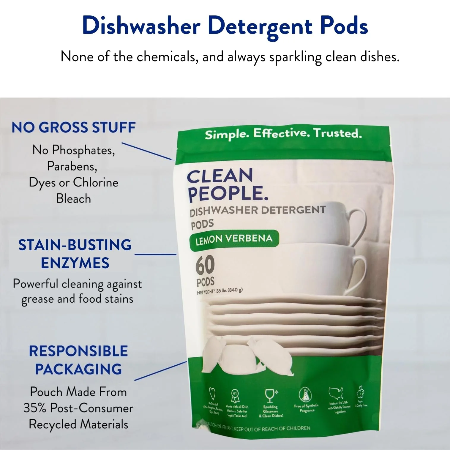 The Clean People Dishwasher Pods - Cuts Grease & Rinses Sparkling Clean - Residue-Free - Phosphate Free Dishwashing Pods (60 Count, Lemon Verbena) - Image 6