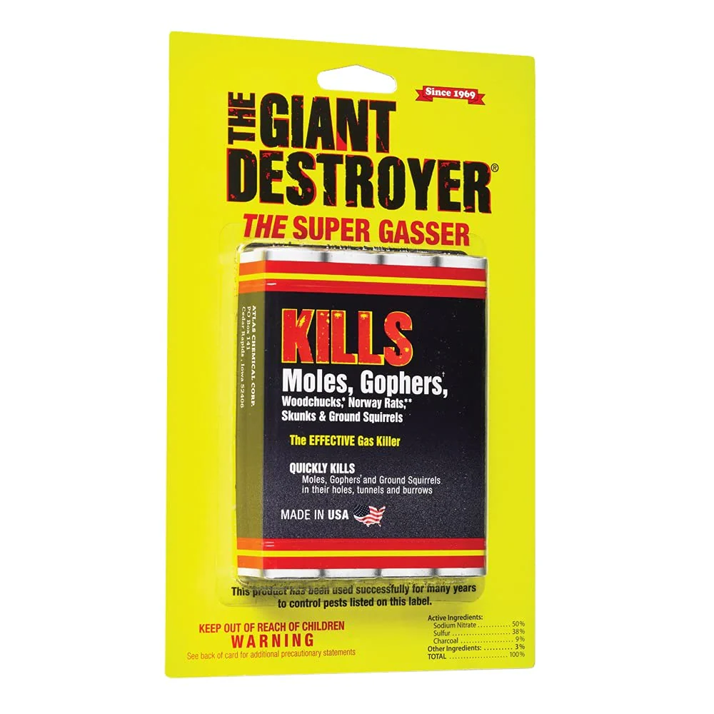 The Giant Destroyer (Gas Killer) (1Pack of 4 Tubes) Kills Moles, Gophers, Woodchucks, Norway Rats, Skunks, Ground Squirrels in Their Holes, Tunnels, Burrows. NO Dealing w/Dead pest, Better Than Traps