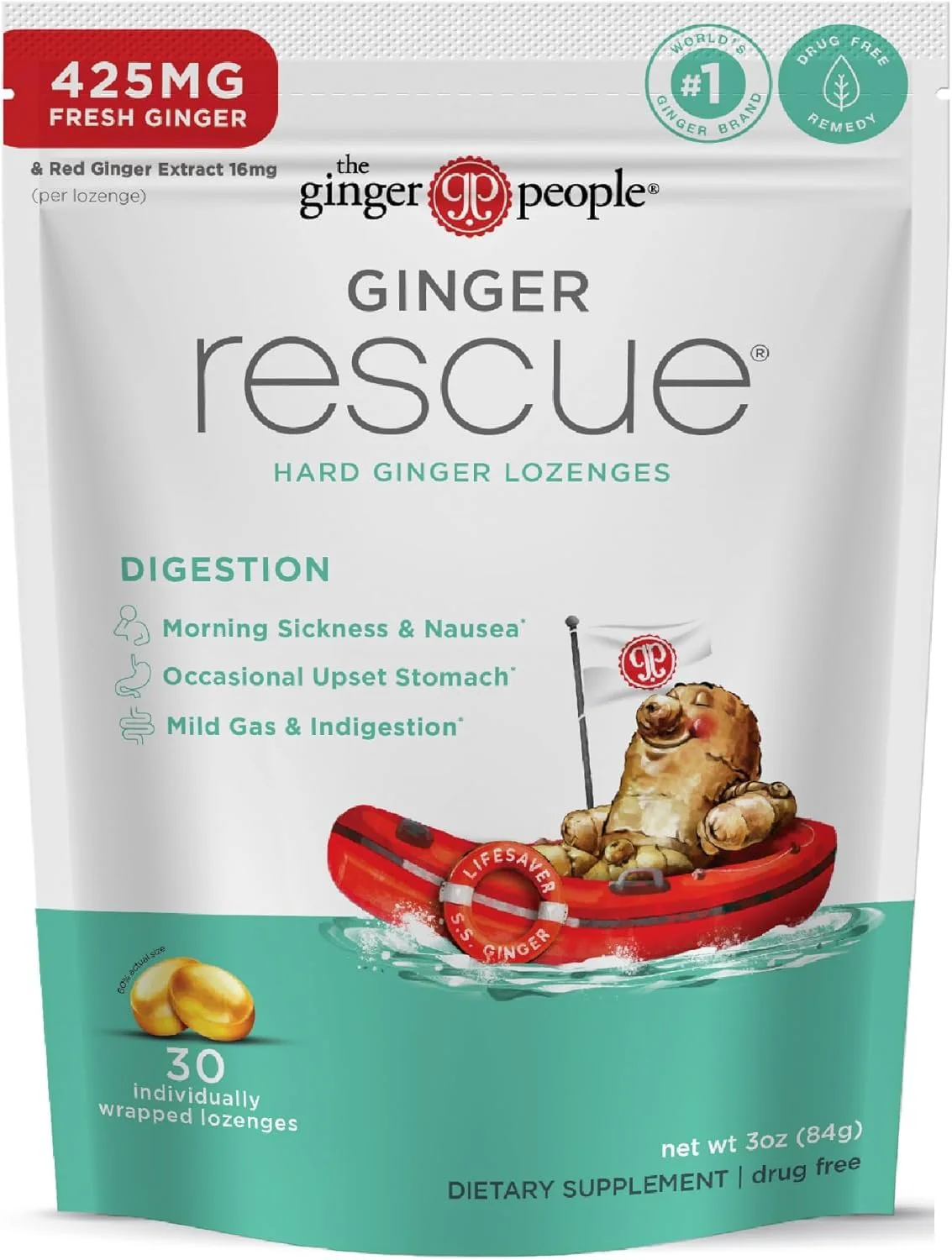 The Ginger People Ginger Rescue Digestive Wellness Lozenges (Hard) | Regular Strength - 425mg | Morning Sickness, Nausea, Upset Stomach, Mild Gas & Indigestion, 30 Count (Pack of 2) - Image 2