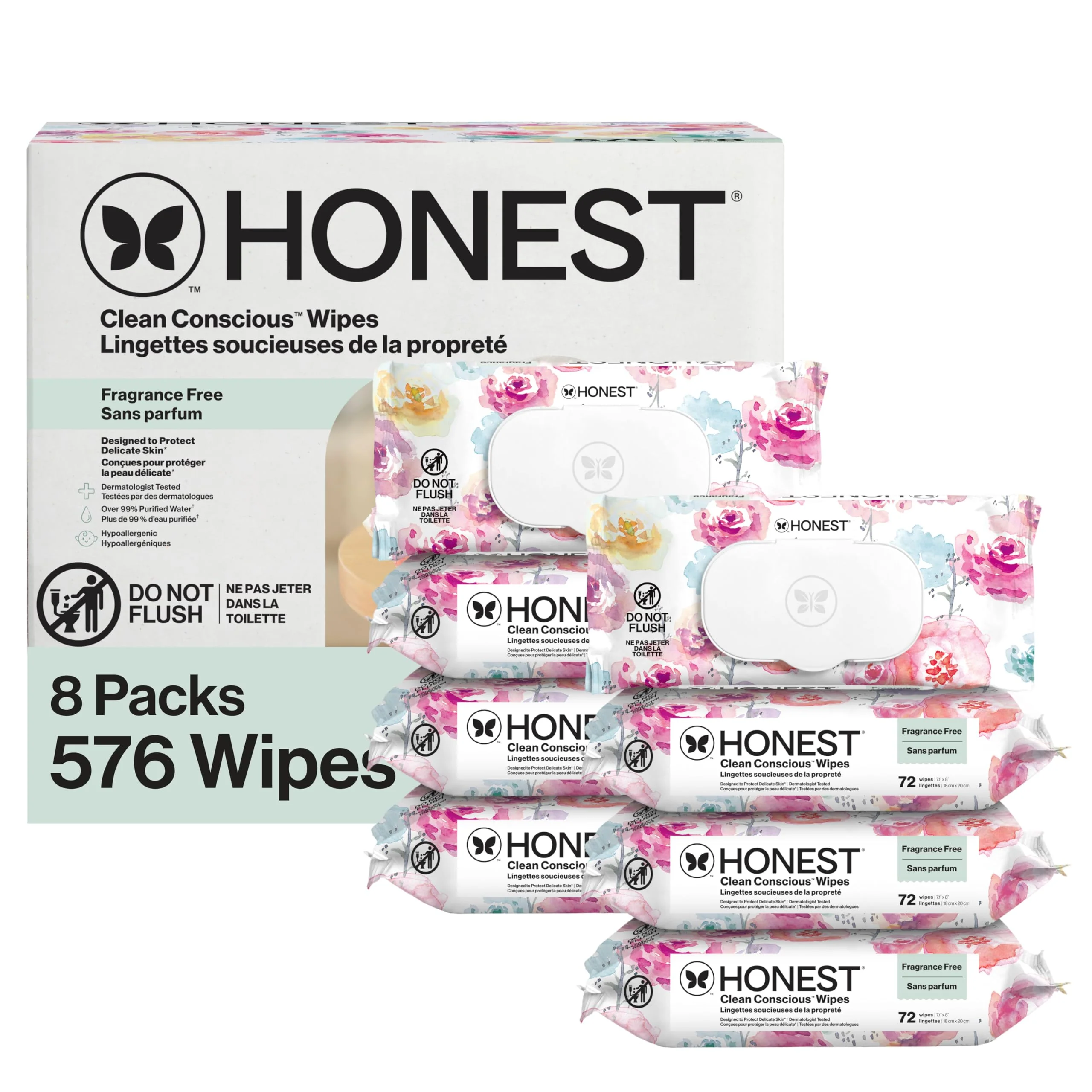 The Honest Company Baby Wipes for Sensitive Skin, Hypoallergenic, Fragrance-Free, Multi-Use, Rose Blossom Design, 576 Count (6 Packs of 96) - Image 2