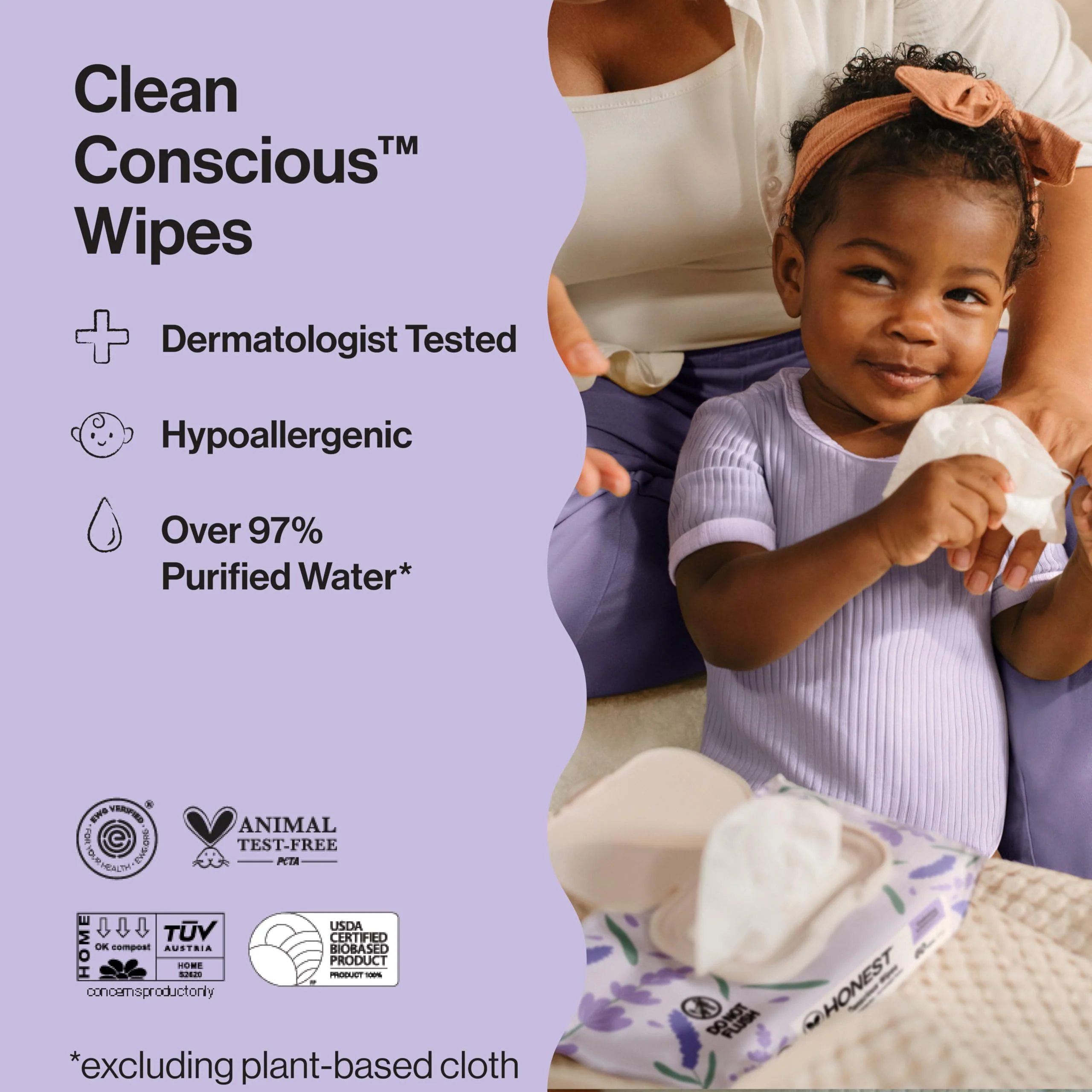 The Honest Company Calm and Cleanse Naturally Scented Wipes, Cleansing, Multi-Tasking, 99% Water Plant Based, Hypoallergenic, Lavender, 240 Count - Image 7