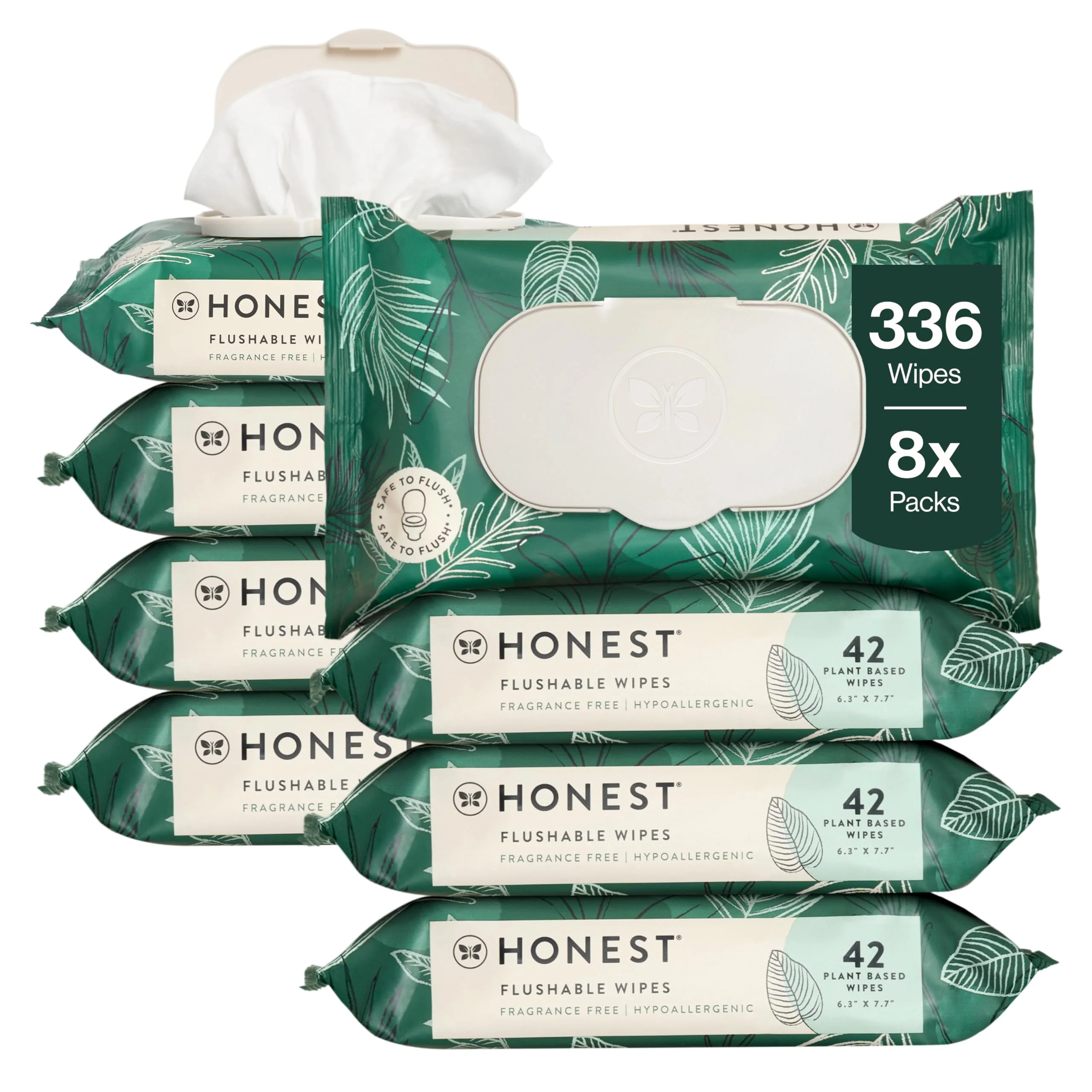 The Honest Company Flushable Wipes for Sensitive Skin, Hypoallergenic, Fragrance-Free, Tropical Leaves Design, 336 Count (4 Packs of 84)