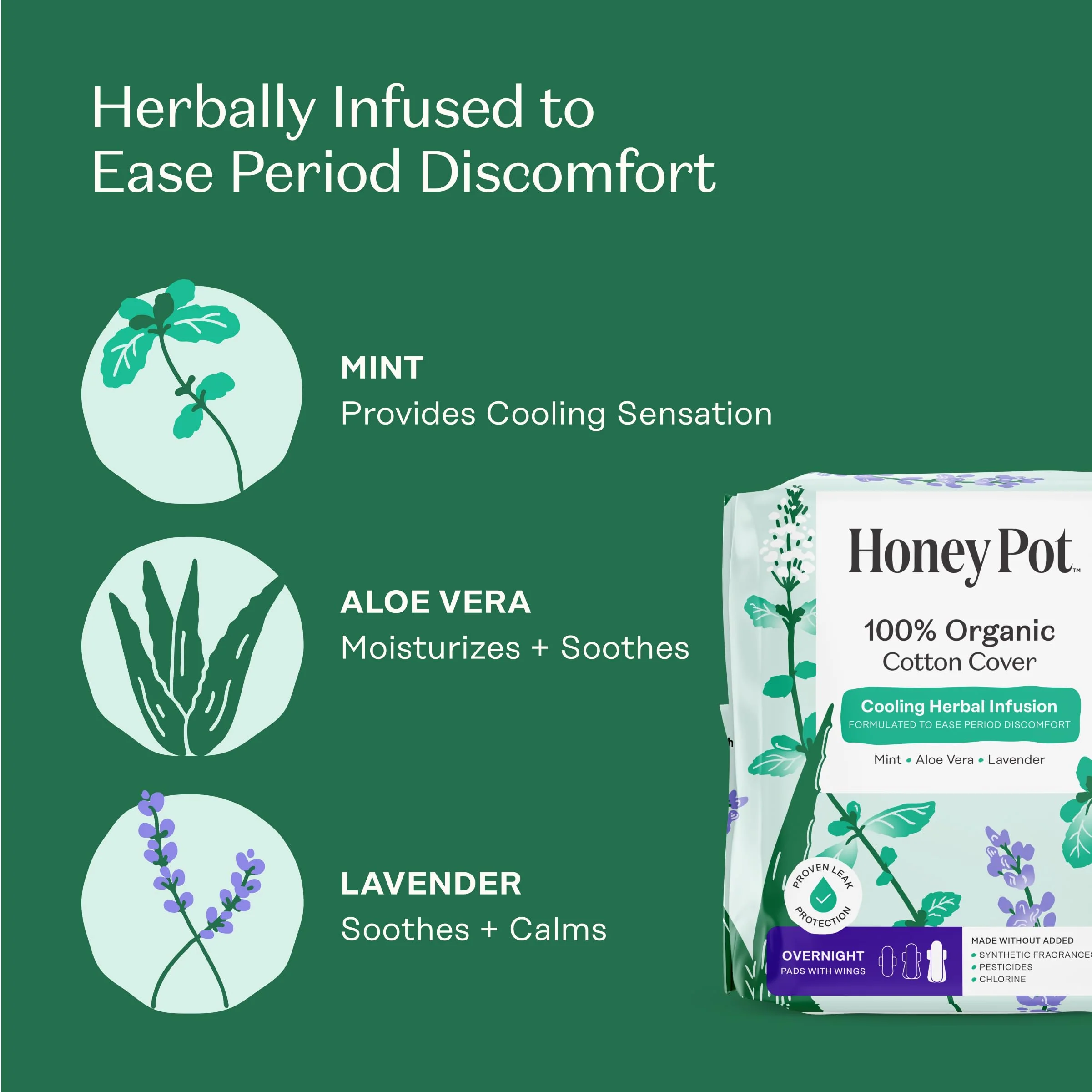 The Honey Pot Company - 48 ct - Herbal Pads for Women - Overnight w/Wings - Infused w/Essential Oils for Cooling Effect & Organic Cotton Cover - Feminine Care - Image 3