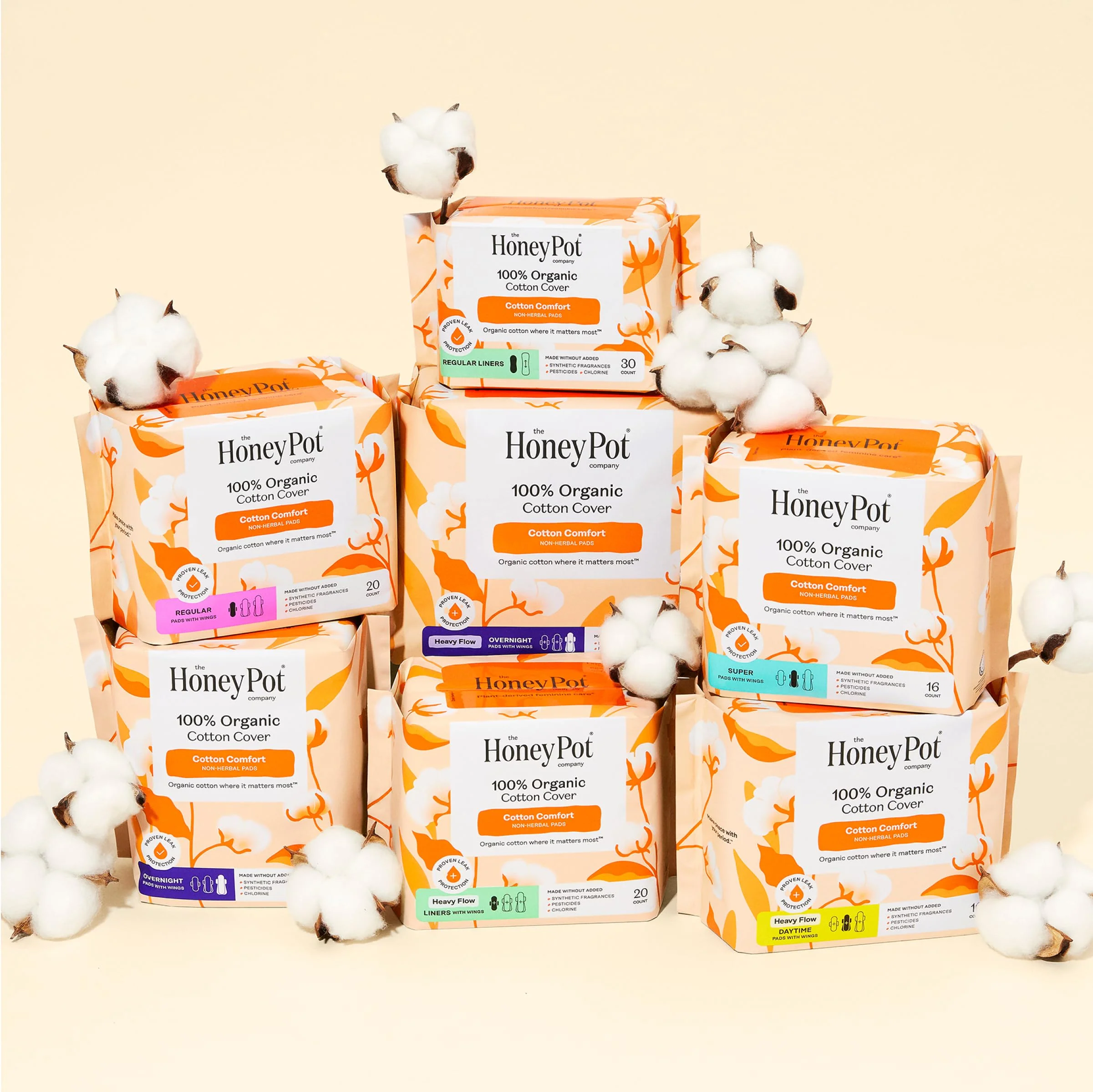 The Honey Pot Company - 64ct - Sanitary Pads for Women - Non-Herbal Heavy Overnight w/Wings - Organic Cotton Cover & Ultra-Absorbent Pulp Core - Feminine Care - Image 9