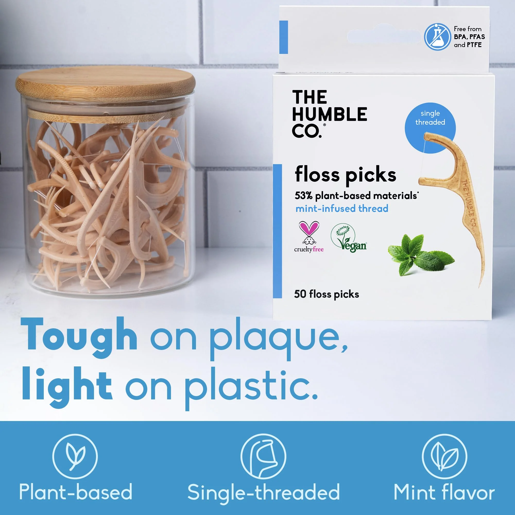 The Humble Co Dental Floss Picks for Teeth, 200 Count (Mint) - Single Thread Tooth Picks Flossers for Adults Gum Health - Plant-Based Toothpick Floss for Interdental Oral Care & Hygiene - Image 2