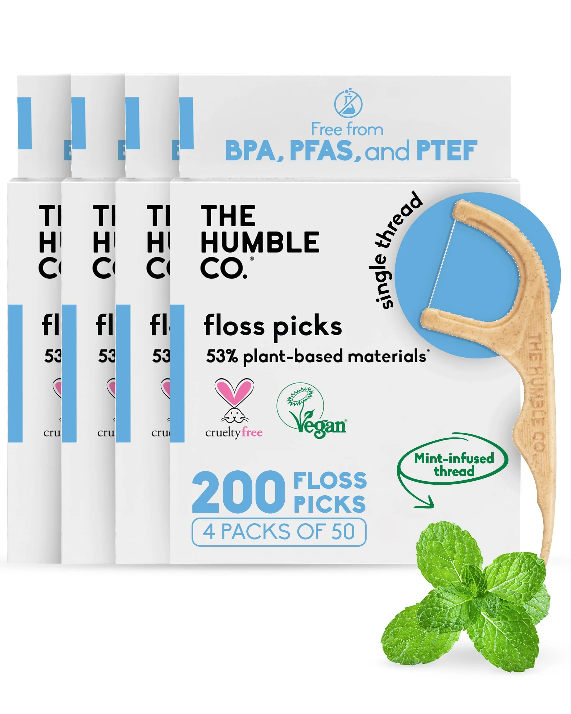 The Humble Co Dental Floss Picks for Teeth, 200 Count (Mint) - Single Thread Tooth Picks Flossers for Adults Gum Health - Plant-Based Toothpick Floss for Interdental Oral Care & Hygiene