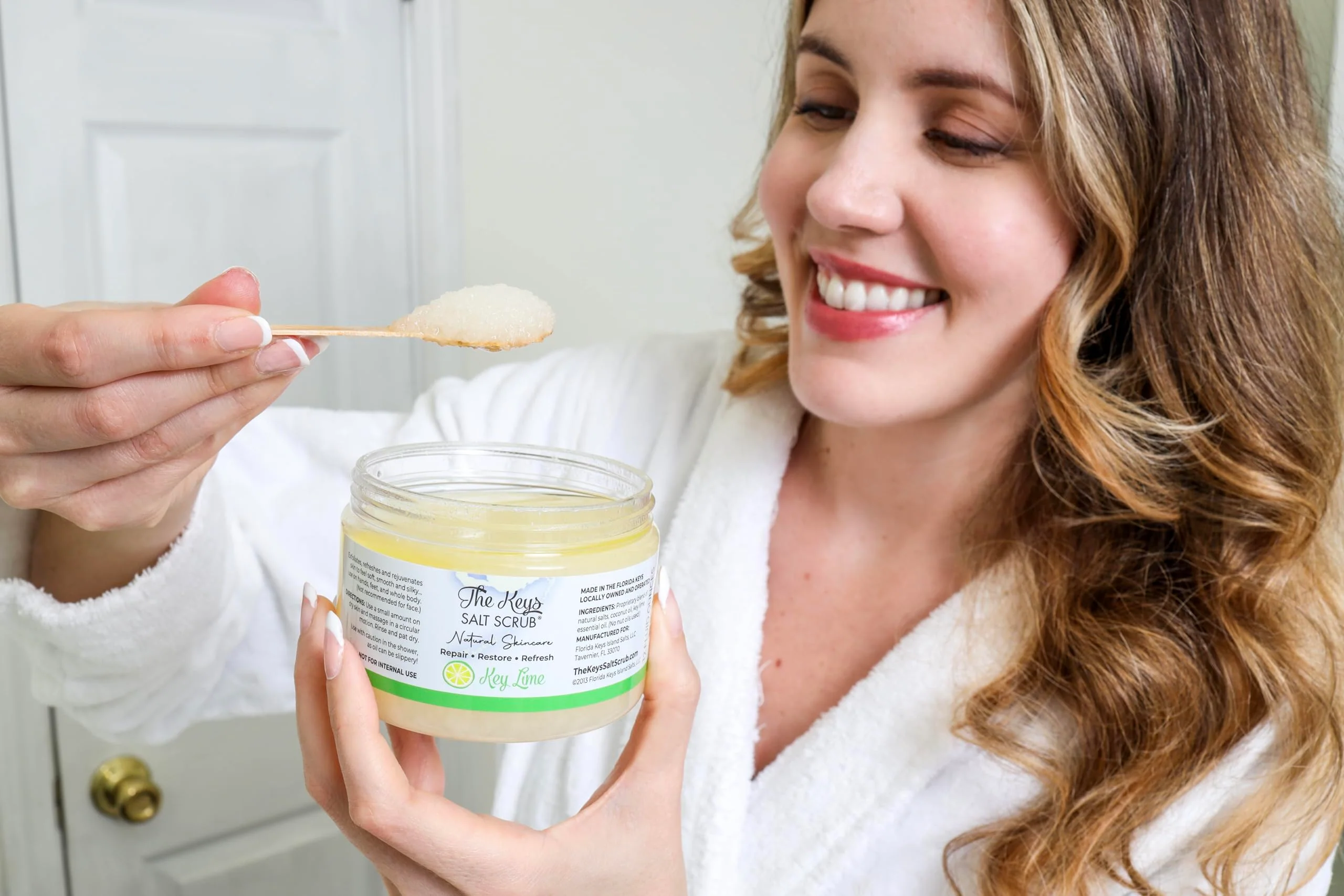 The Keys Salt Scrub -Sea Salt Scrub - Exfoliating Body Scrub with Wooden Spoon - Moisturizing Exfoliator for Hands, Foot, Bath, (12 Ounce (Pack of 1), Key Lime) - Image 6