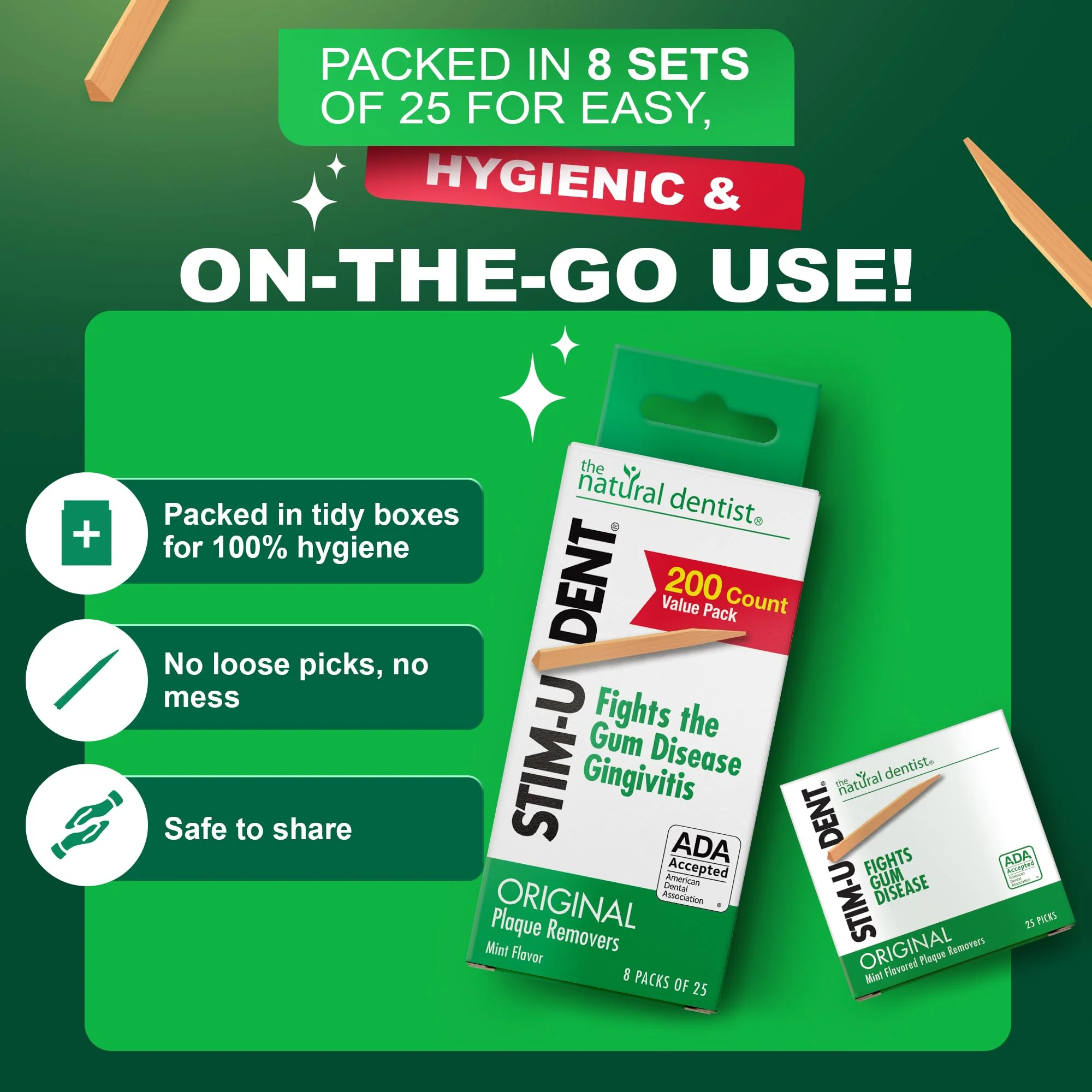 The Natural Dentist Stim-U-Dent Mint Dental Picks, Wooden Toothpicks for Food & Plaque Removal, Travel-Friendly, 24 Packs of 25 (600 Picks) - Image 4