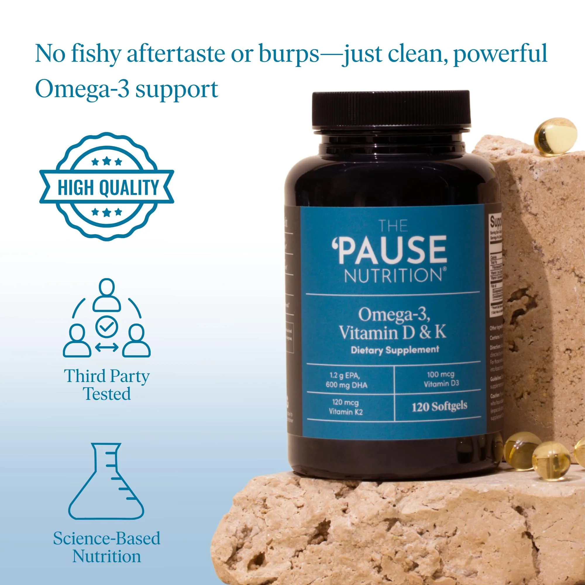 The 'Pause Life Omega 3, Vitamin D & K2, Gluten Free Supplement, Fish Oil and Vitamin Formula, Immune Support, Daily Wellness Routine, Natural Ingredients, Dairy Free, Unflavored, 120 Softgels - Image 7