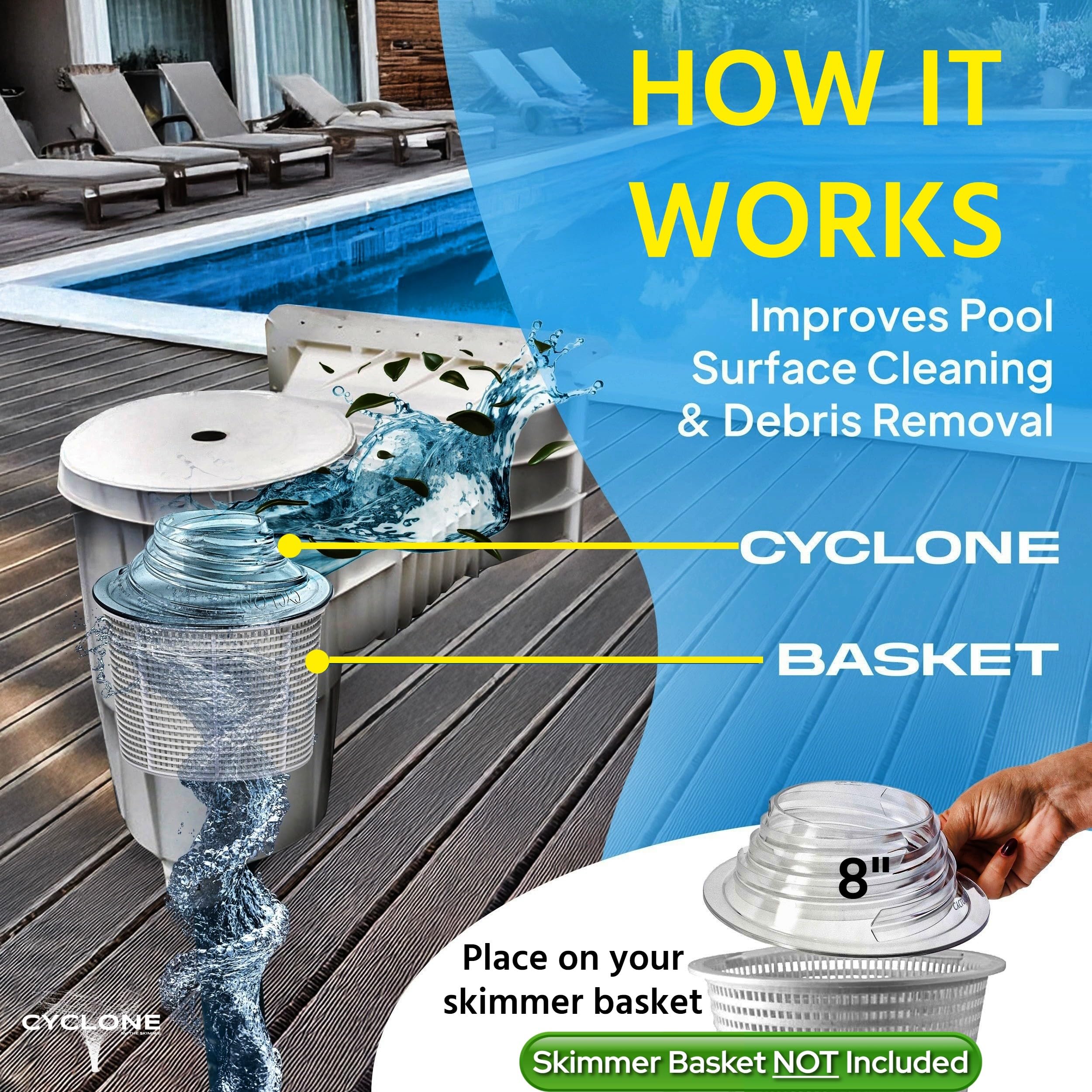 The Skimmie Cyclone (Skimmer Basket NOT Included) - Turbocharges Pool Skimmer Water Flow - Improves Pool Surface Cleaning & Debris Removal - 8" Funnel Design Works with Any Pool Water Level - Image 6