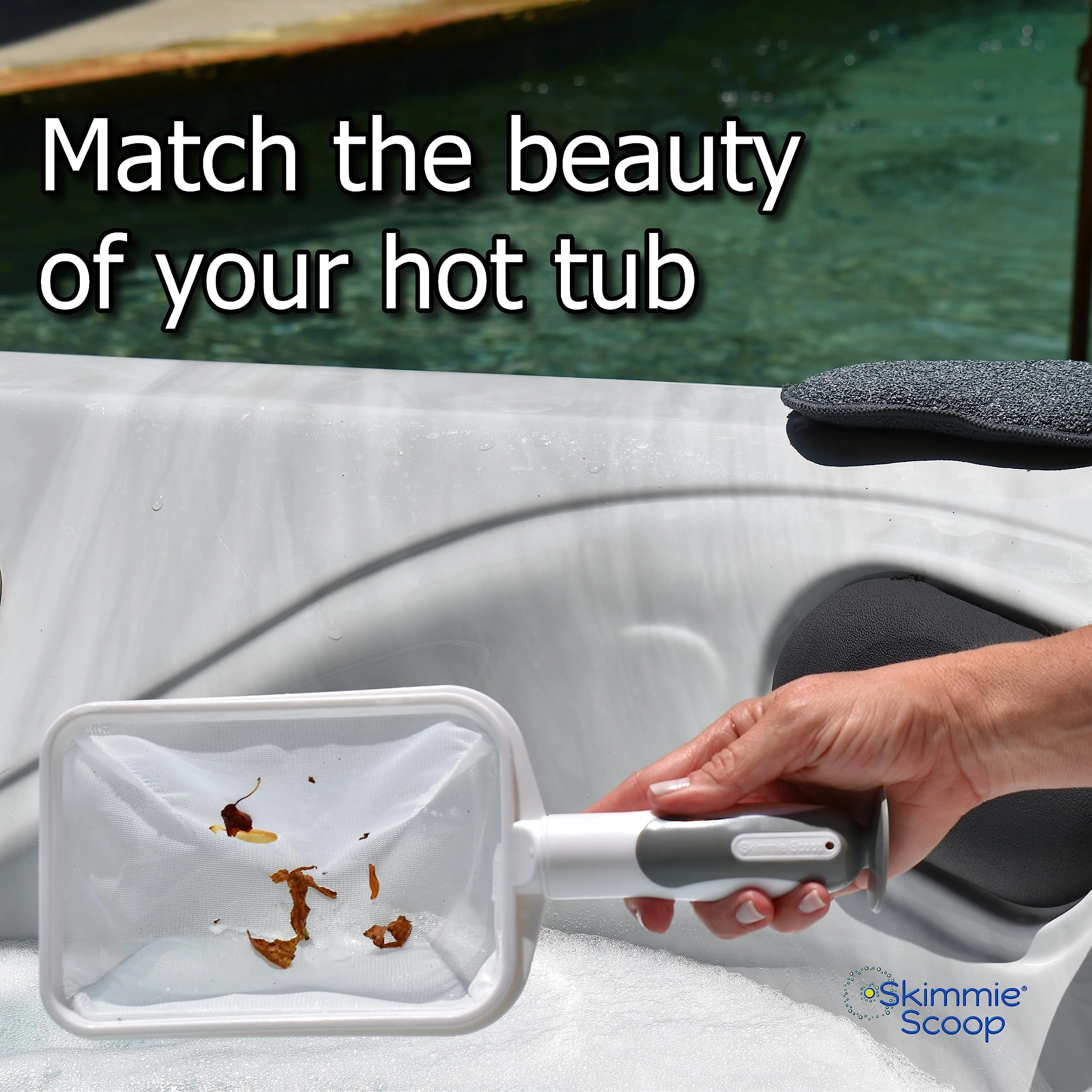 The Skimmie Scoop - Patented Handheld Skimmer with Fine Mesh Net for Spa, Hot Tub, Cold Plunge and Small Pool Cleaning - Lightweight and Durable with Powerful Suction Cup - Clean Out Filter (White) - Image 6