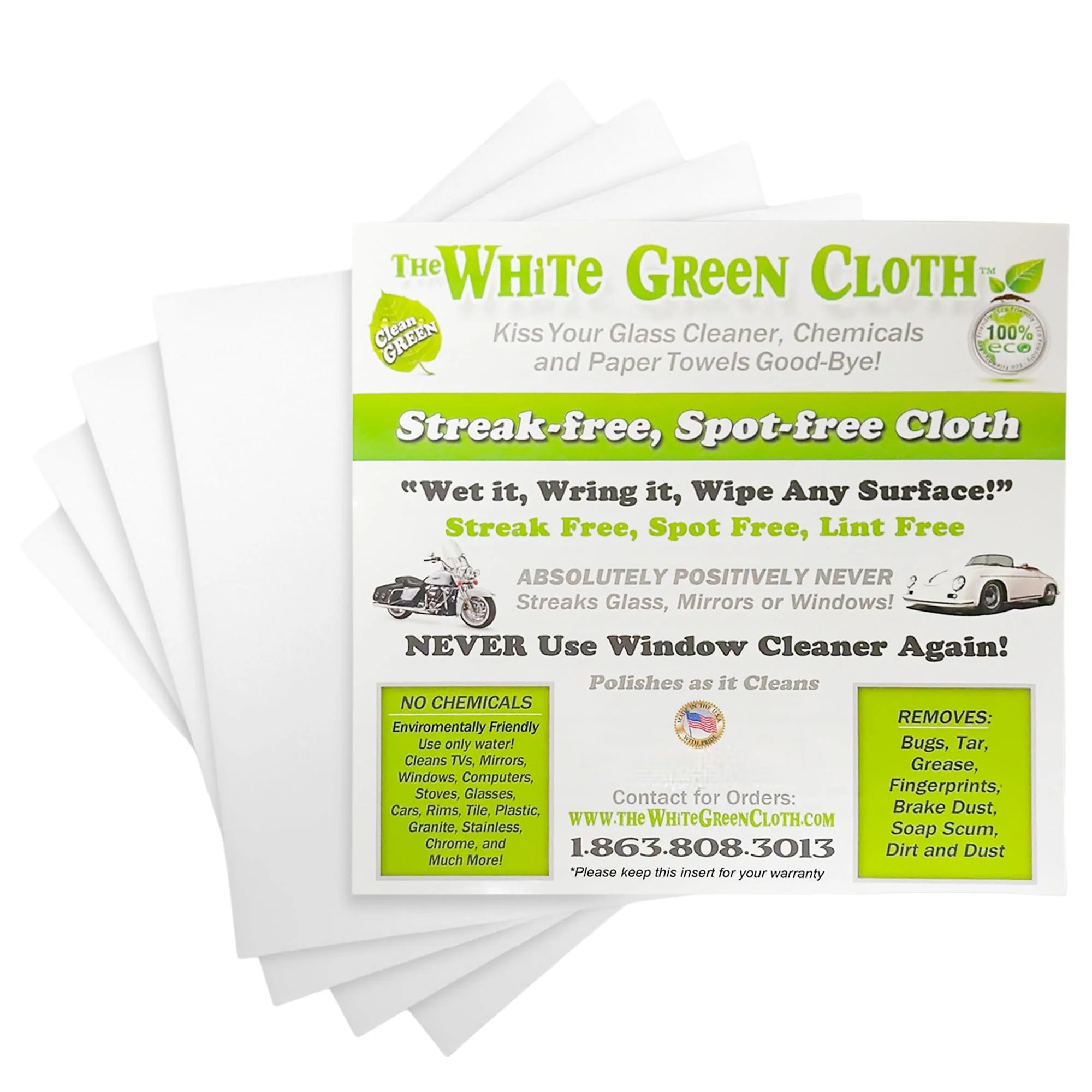 The White Green Cloth 4-Pack Reusable Cleaning Cloths for Streak-Free Windows, Mirrors & All-Purpose Use – Chemical-Free, Absorbent, Non-Abrasive, 16" x 16" White Cleaning Rags, Made in The USA