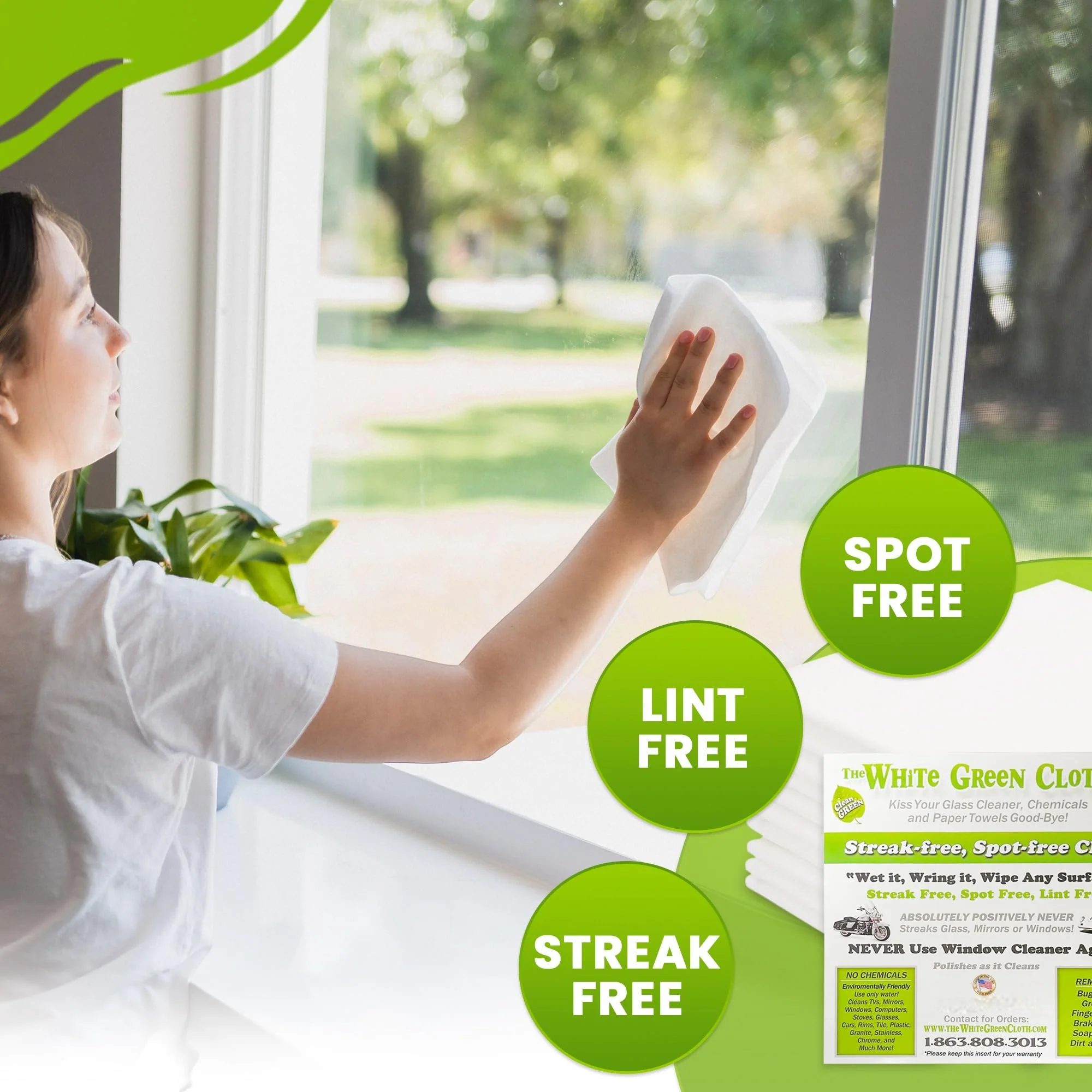 The White Green Cloth 4-Pack Reusable Cleaning Cloths for Streak-Free Windows, Mirrors & All-Purpose Use – Chemical-Free, Absorbent, Non-Abrasive, 16" x 16" White Cleaning Rags, Made in The USA - Image 6