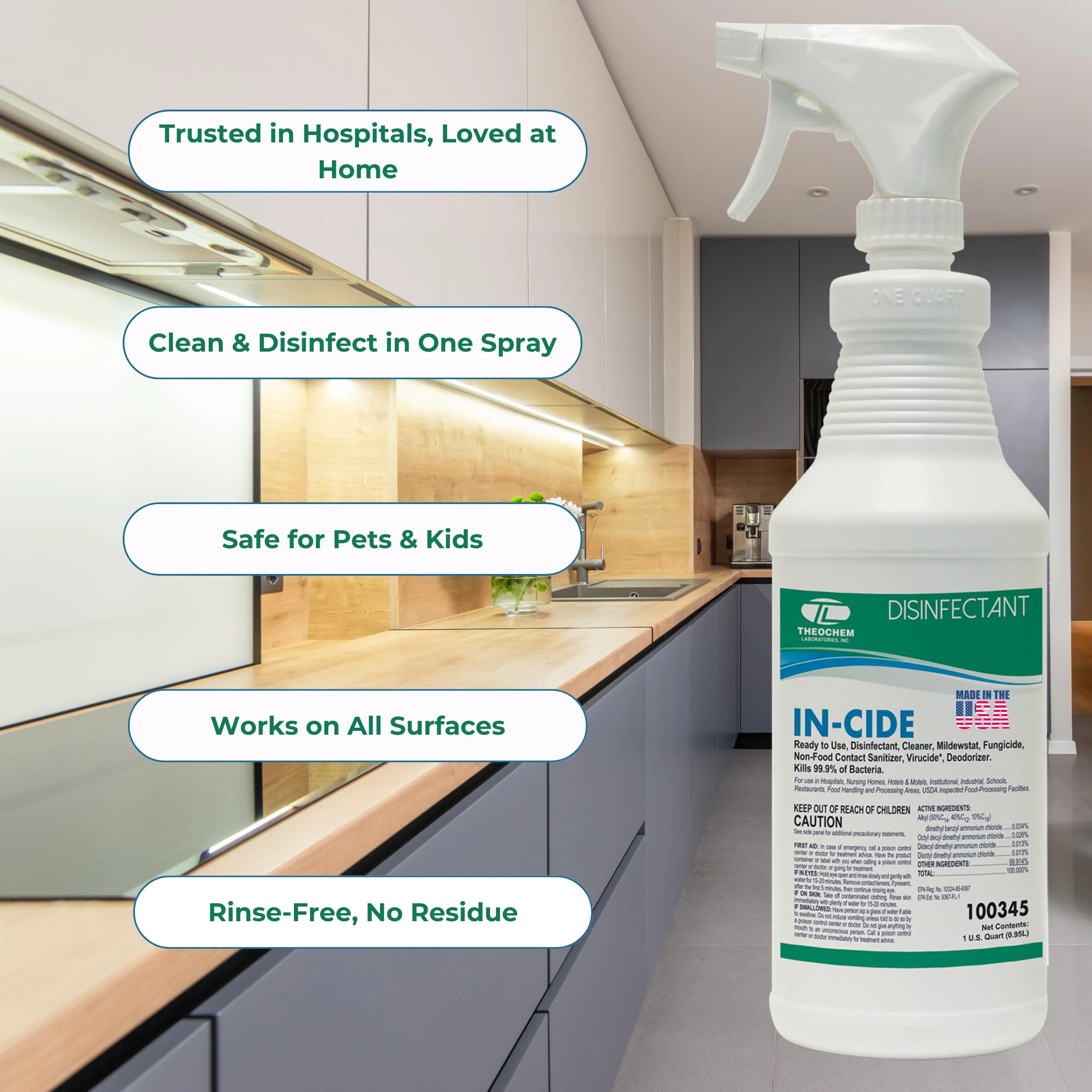 Theochem In-Cide EPA Registered Disinfectant Spray - Kills 99.9% of Germs, Mold, Mildew and MRSA - Multi-Surface Cleaner for Home, School & Hospital - Fresh Scent - 32 oz (2 Pack) - Image 8