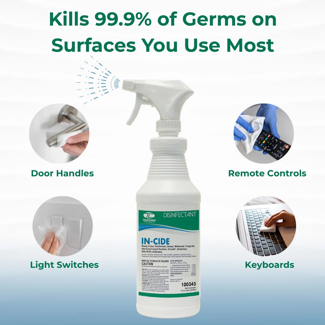 Theochem In-Cide Hospital Grade Disinfectant Spray - EPA Registered Cleaner Kills 99.9% MRSA, H1N1- Medical Grade for Home Office Clinic - Fresh Scent - 1 Gallon + 32oz Bundle - Image 8