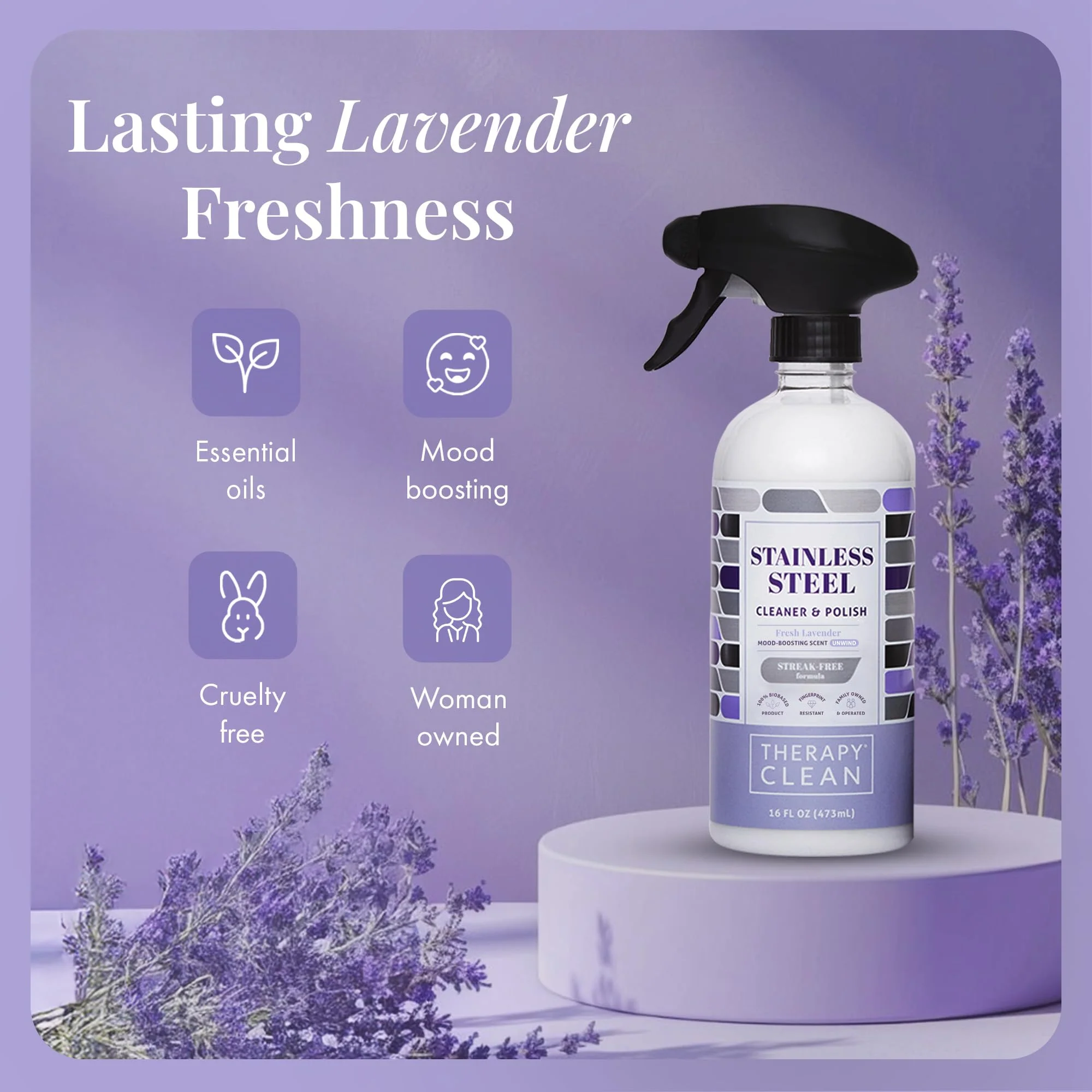 Therapy Stainless Steel Cleaner and Polish 100% USDA Biobased, Fingerprint and Residue Remover, Lavender Essential Oil Scent, Sink Cleaner, Grill Spray - Image 3
