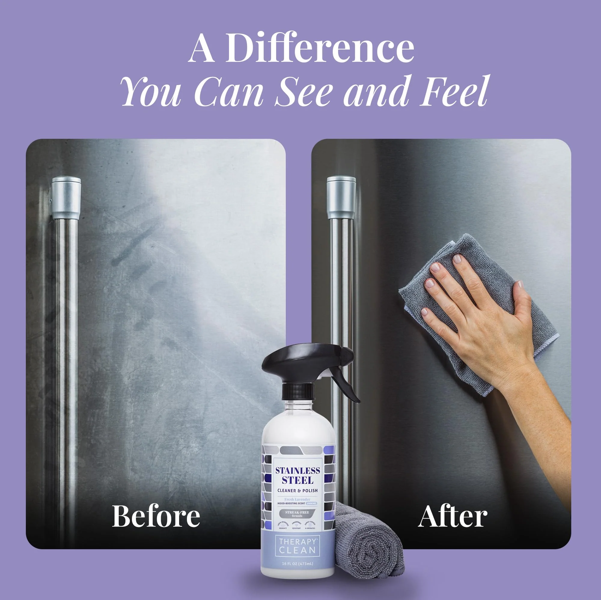 Therapy Stainless Steel Cleaner and Polish 100% USDA Biobased, Fingerprint and Residue Remover, Lavender Essential Oil Scent, Sink Cleaner, Grill Spray - Image 4