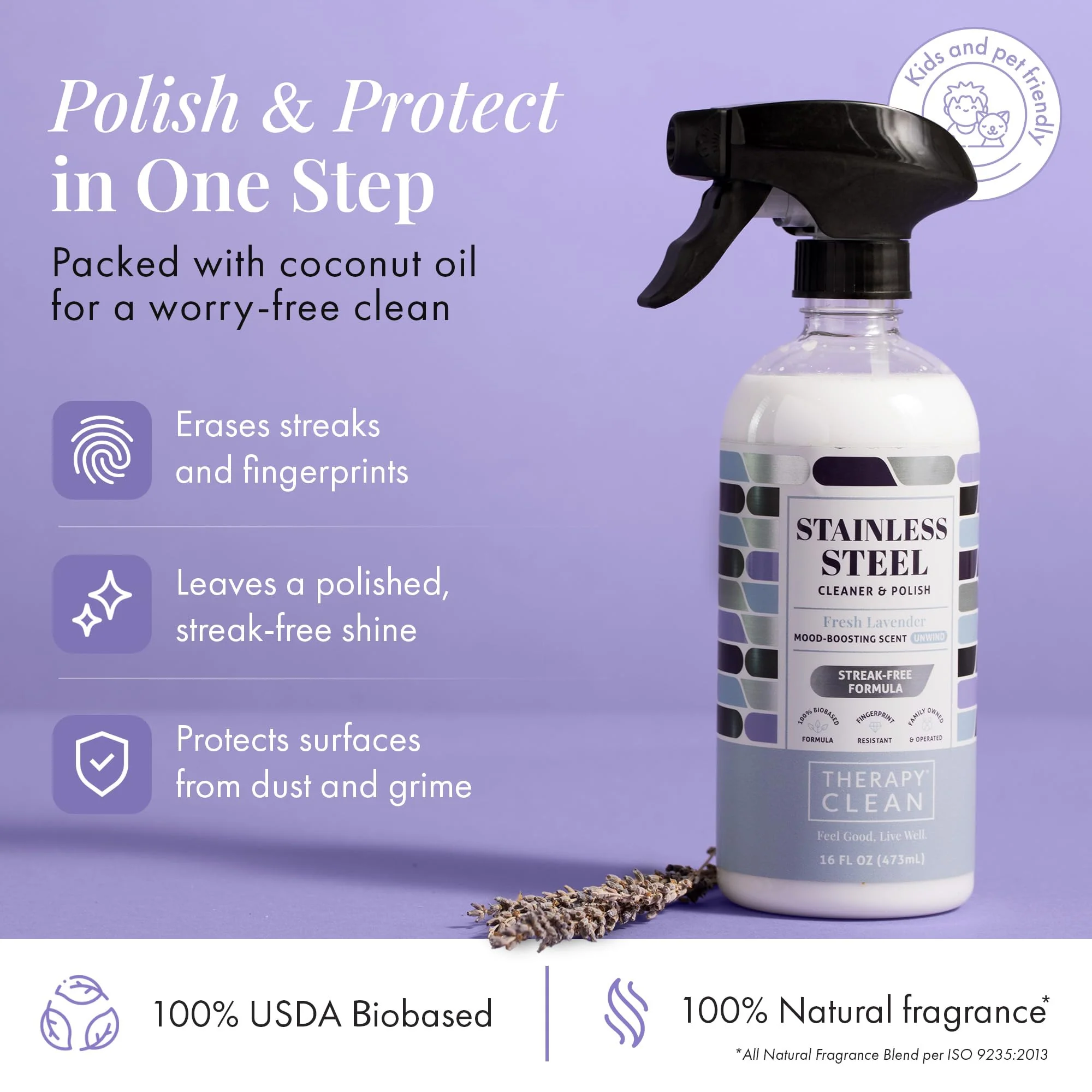 Therapy Stainless Steel Cleaner and Polish 100% USDA Biobased, Fingerprint and Residue Remover, Lavender Essential Oil Scent, Sink Cleaner, Grill Spray - Image 6
