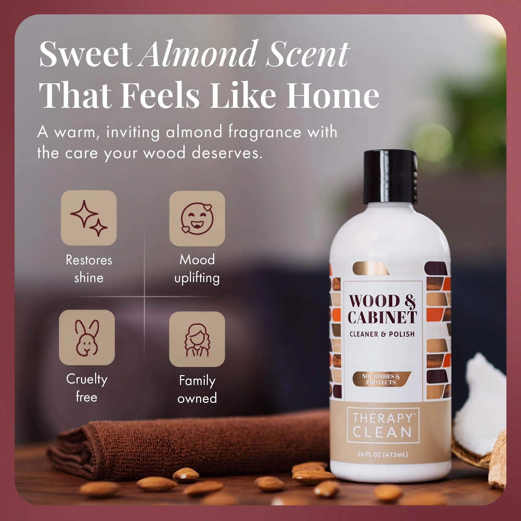 Therapy Wood Polish Bundle with Microfiber 16 oz. - Wood Furniture Polish, Best Furniture Cleaner - Almond Scent - Cleaner, Cabinet and Table Restorer, Natural Conditioner - Image 4
