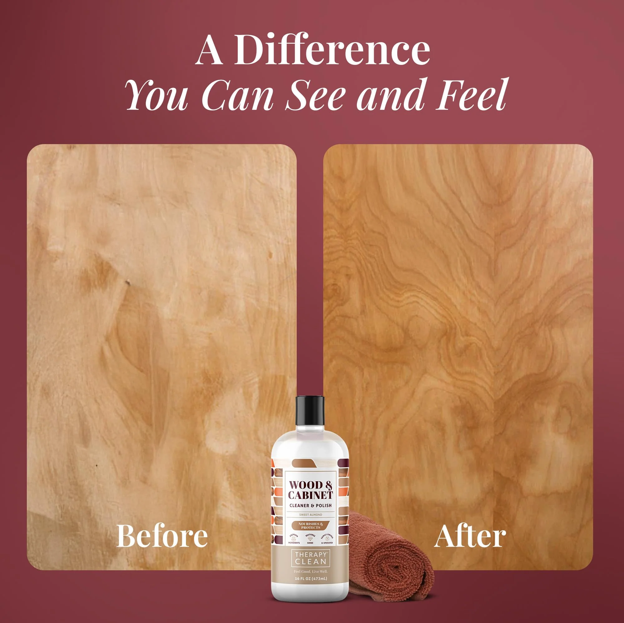 Therapy Wood Polish Bundle with Microfiber 16 oz. - Wood Furniture Polish, Best Furniture Cleaner - Almond Scent - Cleaner, Cabinet and Table Restorer, Natural Conditioner - Image 5