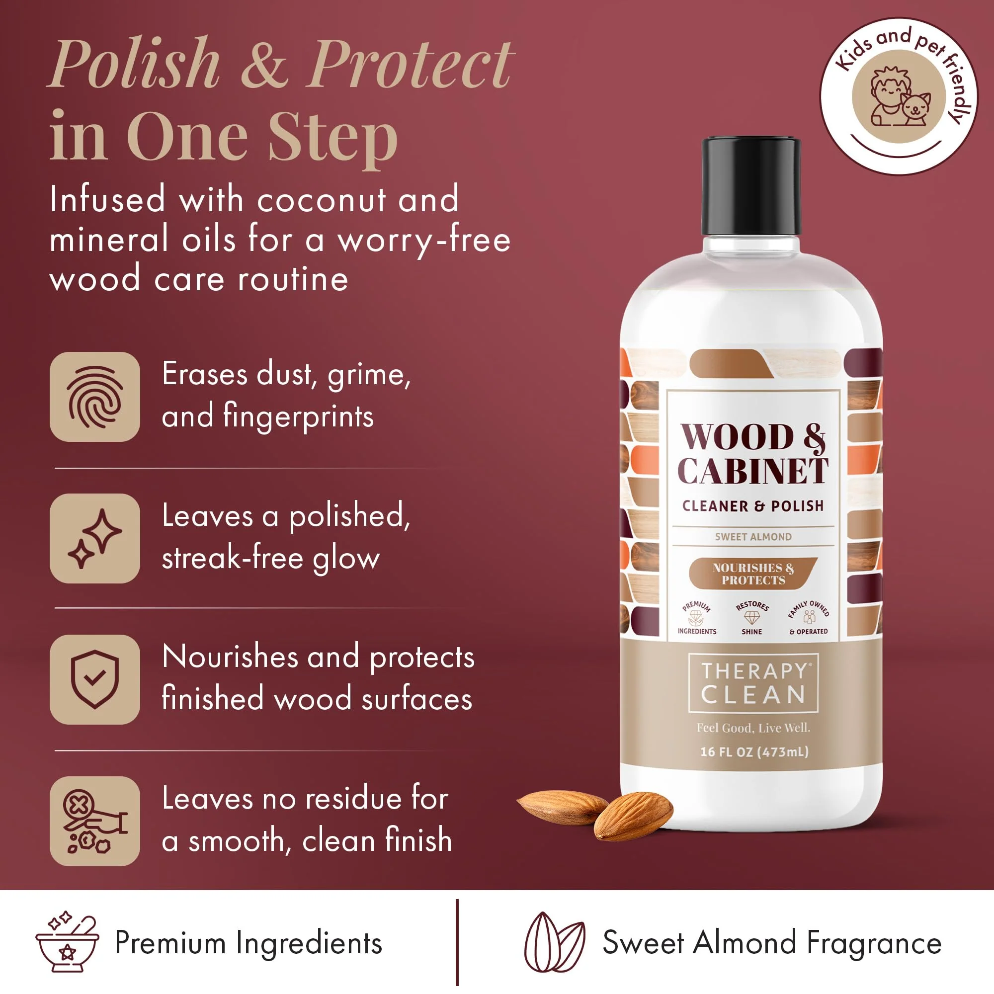 Therapy Wood Polish Bundle with Microfiber 16 oz. - Wood Furniture Polish, Best Furniture Cleaner - Almond Scent - Cleaner, Cabinet and Table Restorer, Natural Conditioner - Image 7