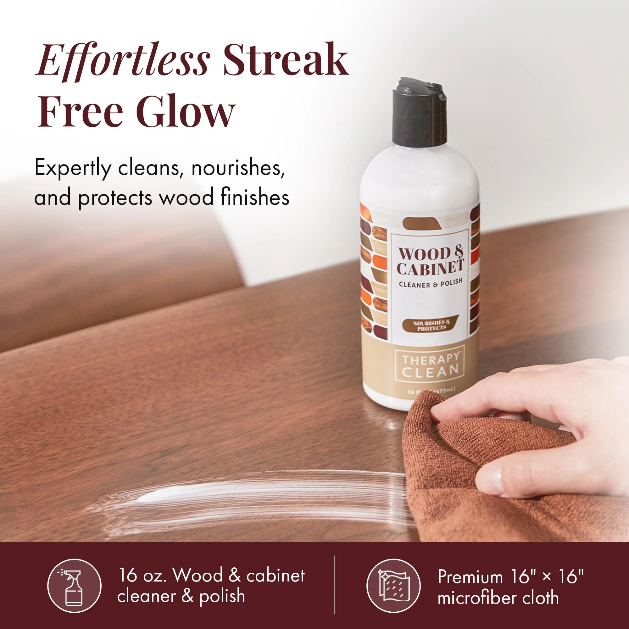 Therapy Wood Polish Bundle with Microfiber 16 oz. - Wood Furniture Polish, Best Furniture Cleaner - Almond Scent - Cleaner, Cabinet and Table Restorer, Natural Conditioner - Image 8