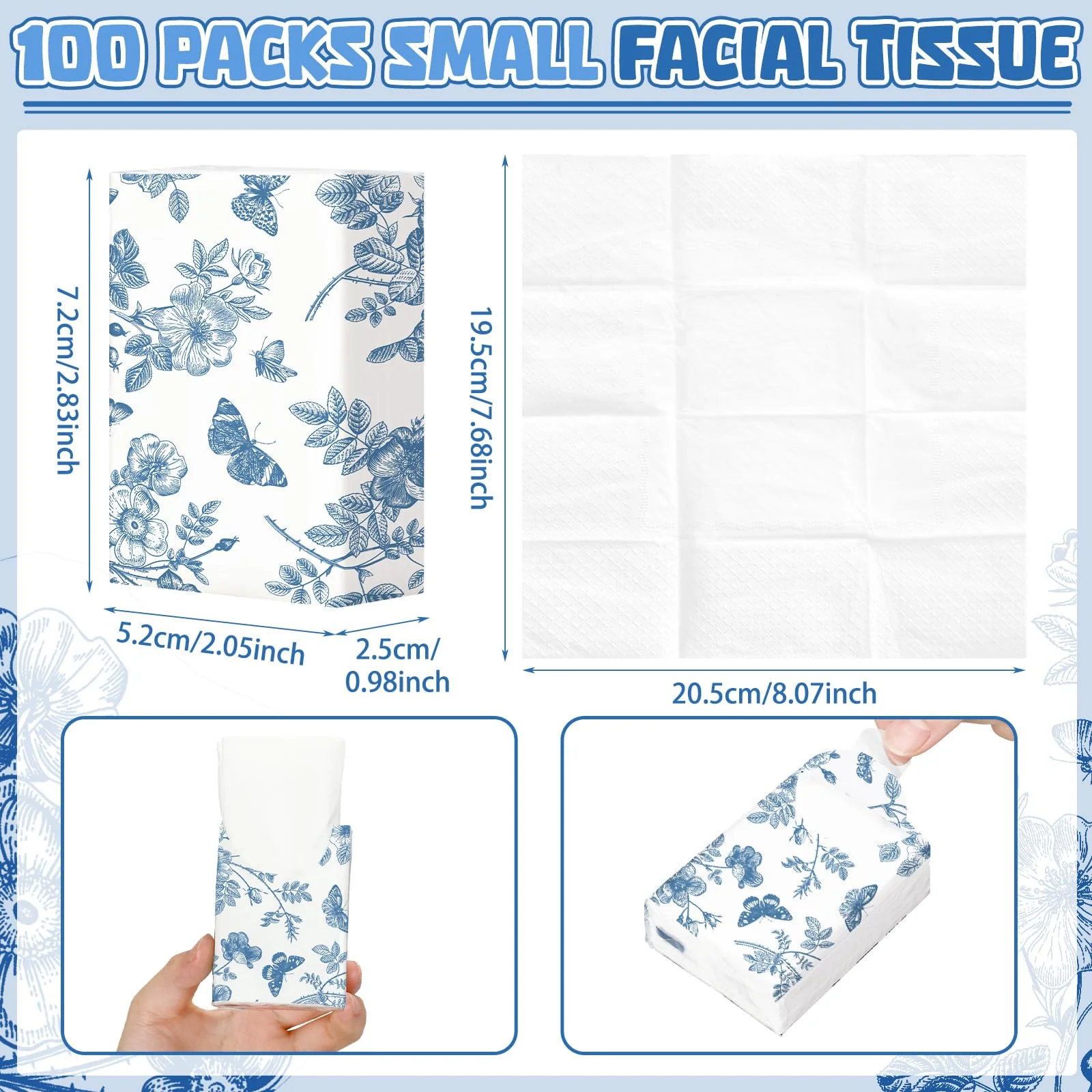 Therwen 100 Pack Pocket Tissues Travel Packs Bulk 1000 Sheet Mini Tissues Bulk 3 Ply Small Travel Size Paper Individual Pocket Size (Butterfly) - Image 3