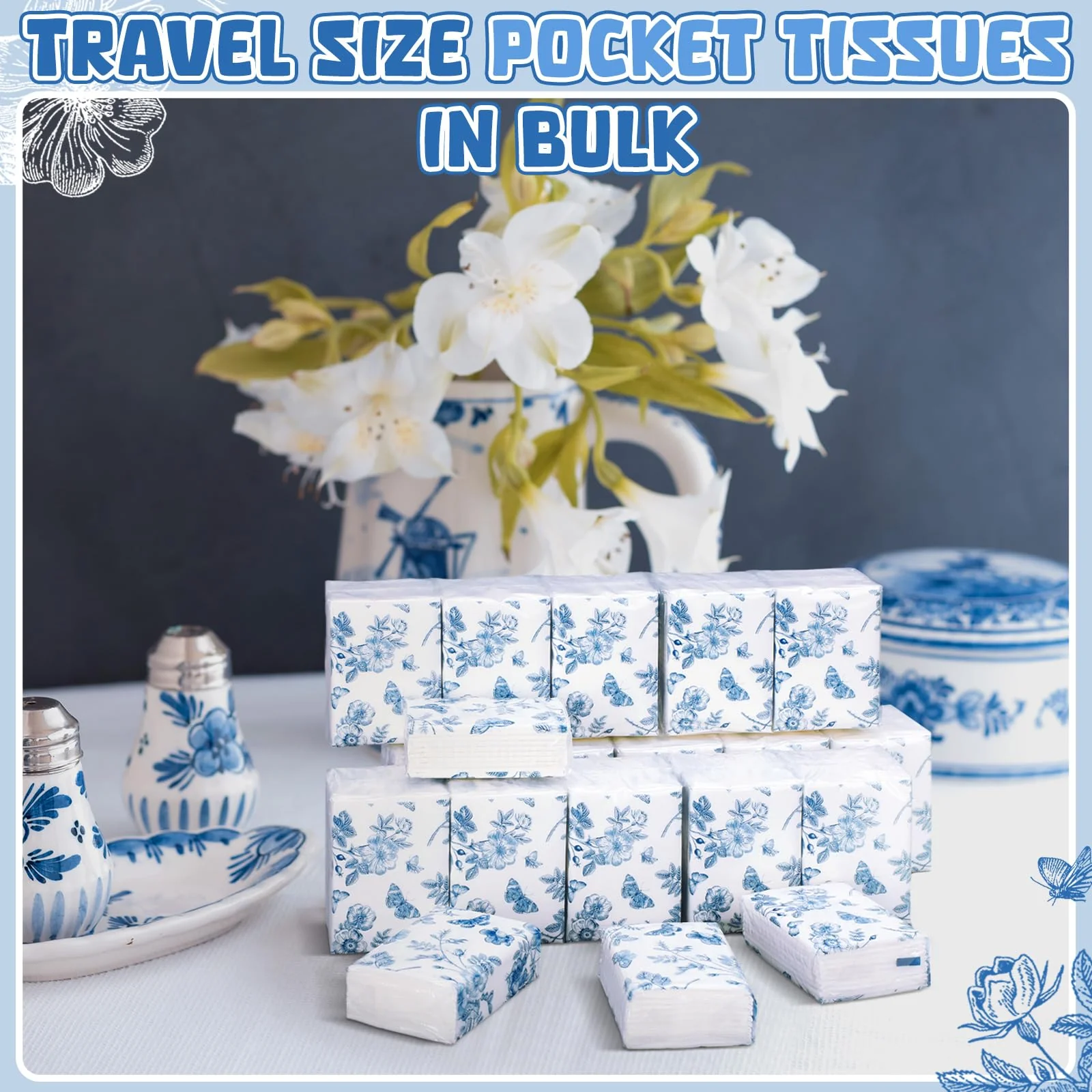 Therwen 100 Pack Pocket Tissues Travel Packs Bulk 1000 Sheet Mini Tissues Bulk 3 Ply Small Travel Size Paper Individual Pocket Size (Butterfly) - Image 6