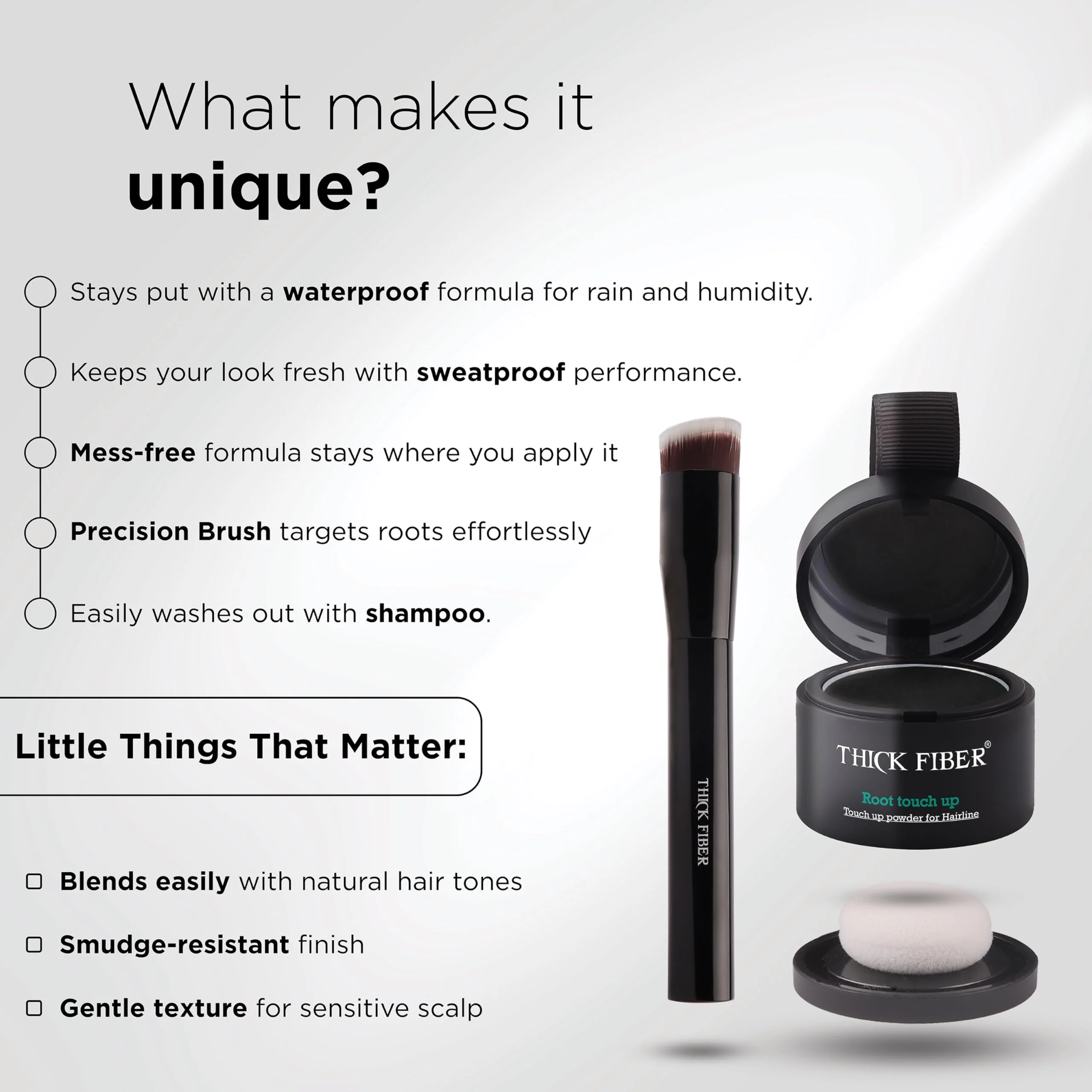 THICK FIBER Root Touch Up Powder - Water & Sweat Resistant Hair Loss Concealer Set for Thinning Hair Women, Includes Brush (Black) - Image 2