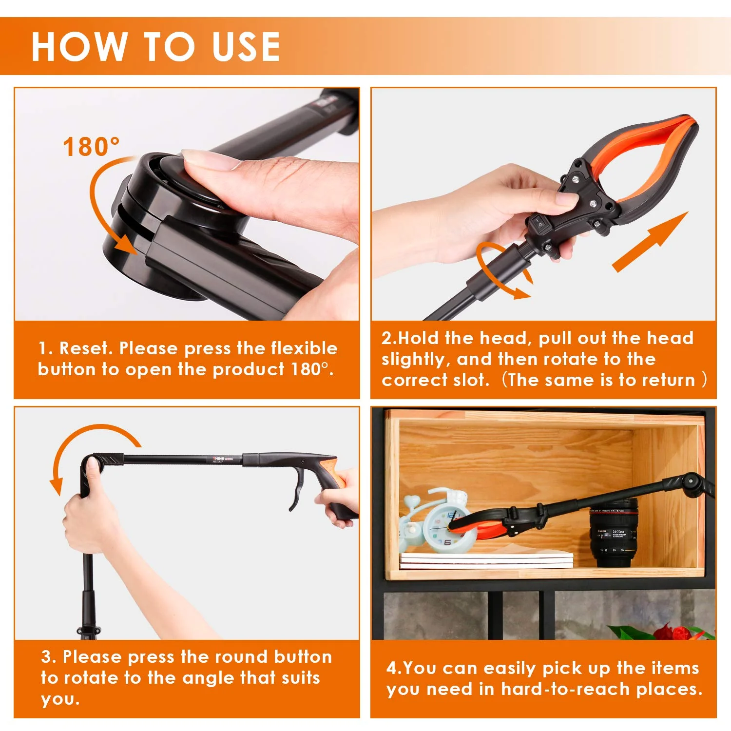 THINKWORK Grabber Reacher Tool, 0°-180° Angled Arm, 90° Rotating Head, 32” Foldable Claw Grabber with"LED Light", Garbage Collector, Arm Extension Picker for Elderly, Pregnant Women&Sanitation Workers - Image 6