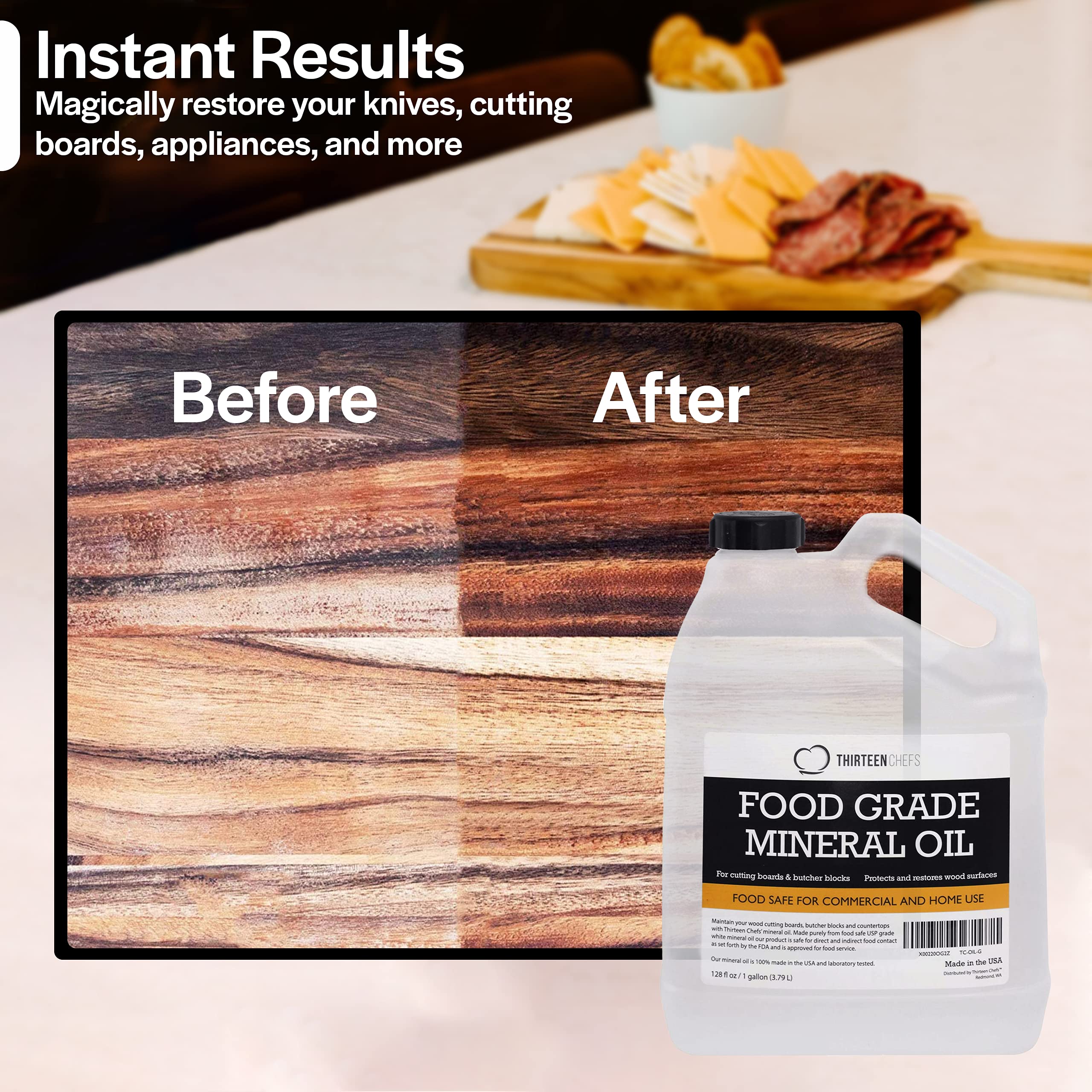 Thirteen Chefs Mineral Oil - 128oz Food Grade Conditioner for Wood Cutting Board, Countertop & Butcher Block, Lubricant for Knife or Meat Grinder - Safe USP Finish on Marble, Soapstone - Image 10