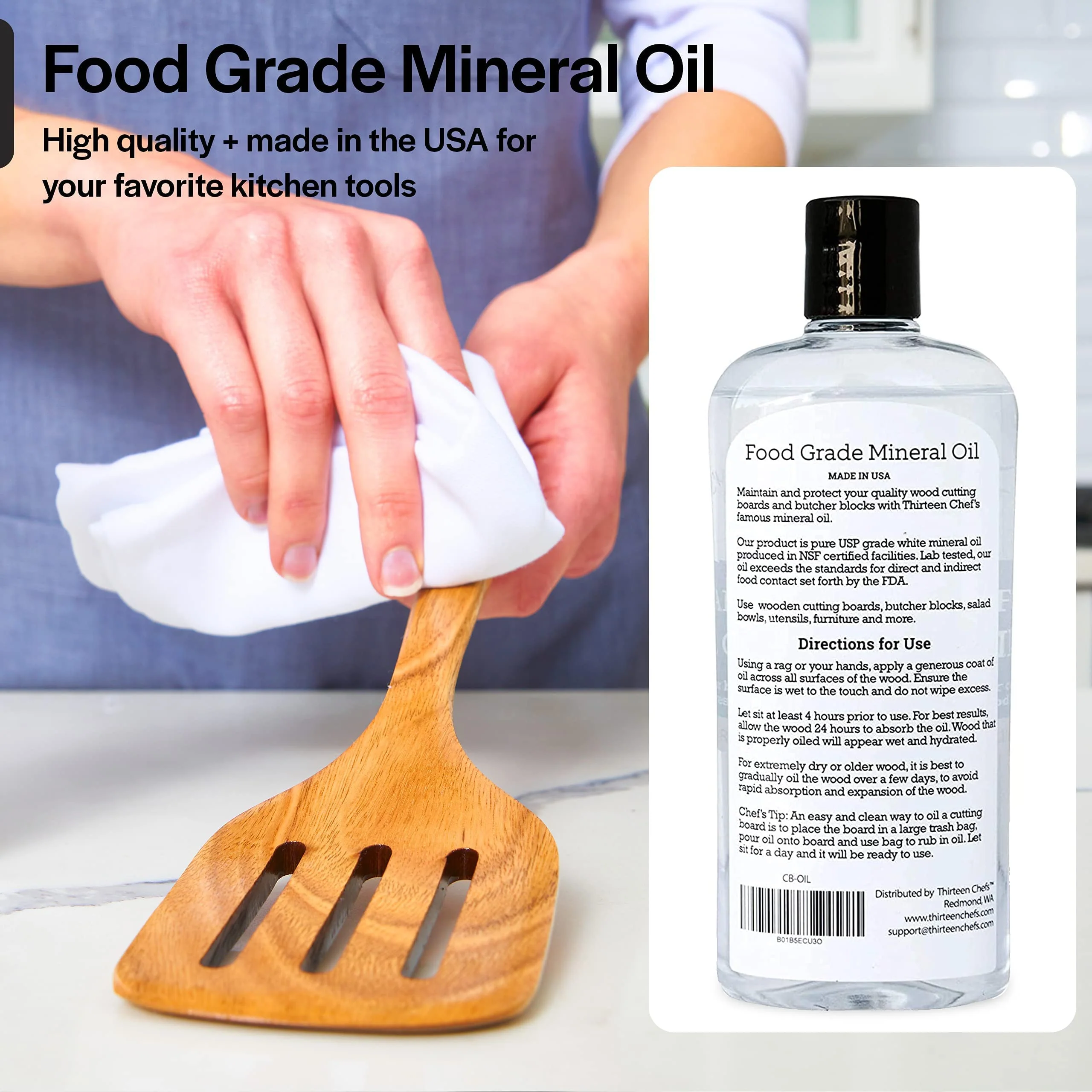 Thirteen Chefs Mineral Oil - 8 oz Food Grade Conditioner for Wood Cutting Board, Countertop & Butcher Block, Lubricant for Knife or Meat Grinder - Safe USP Finish on Marble, Soapstone - Image 6