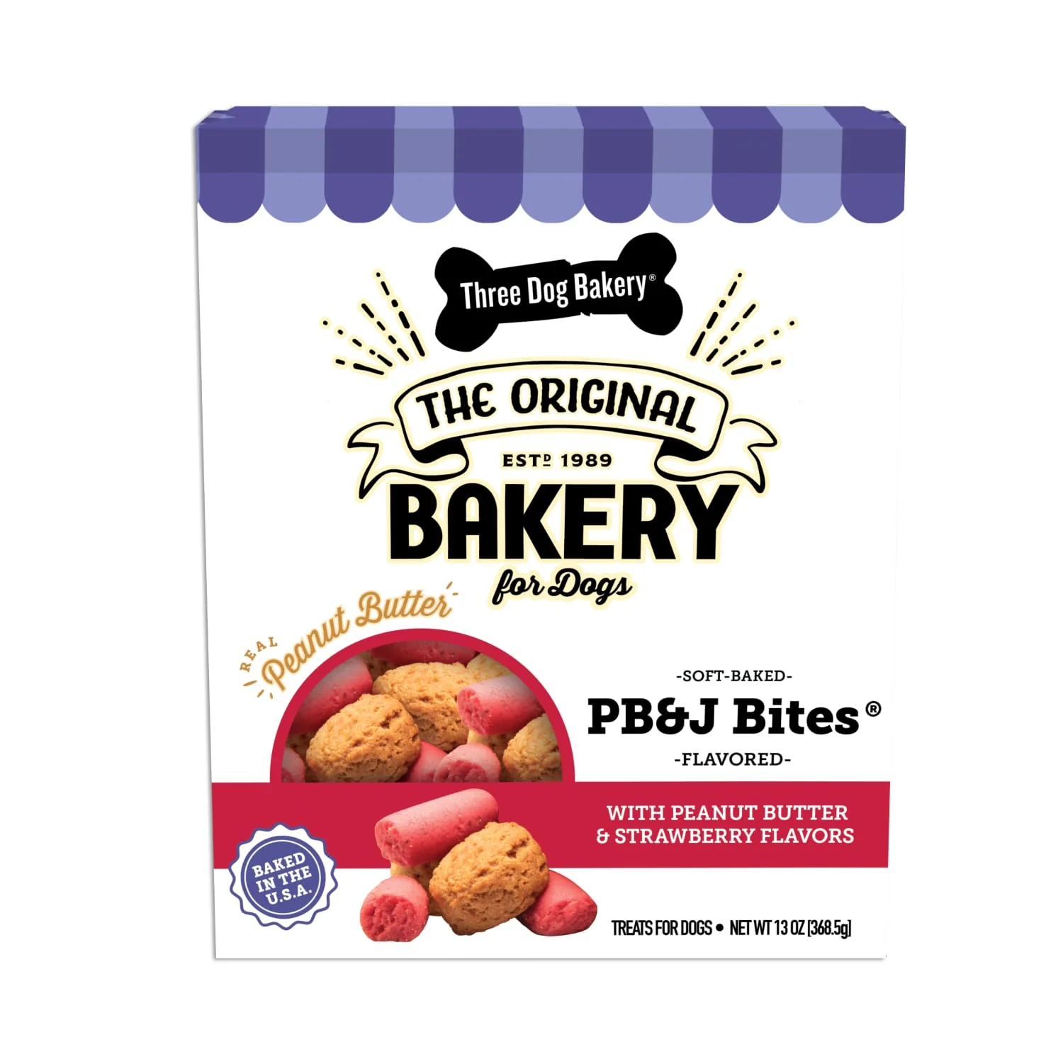 Three Dog Bakery Soft Baked PB&J Bites Dog Treats, Peanut Butter and Strawberry Flavor, Soft and Chewy Dog Cookies, Baked in The USA, 13 oz - Image 2