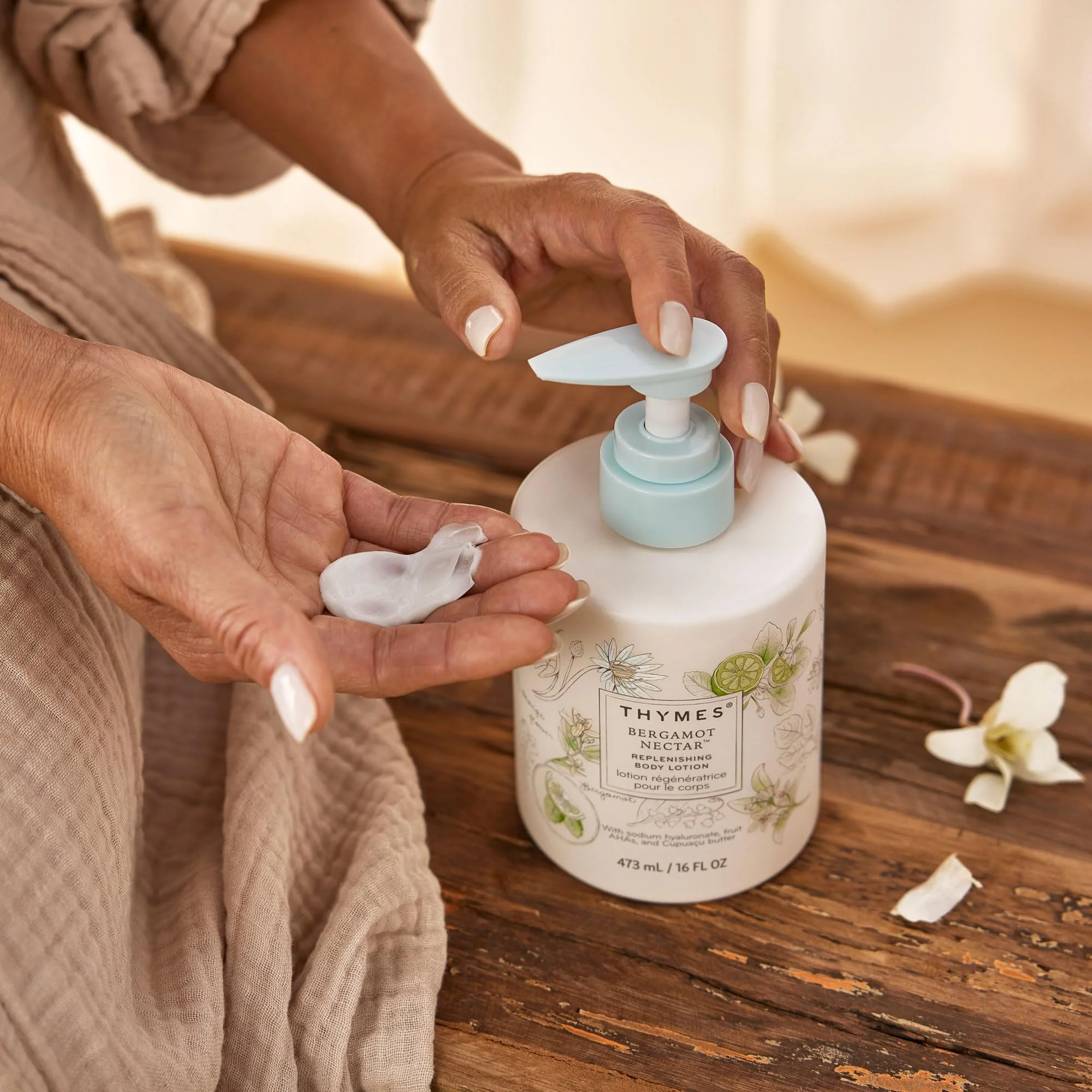Thymes Large Replenishing Body Lotion - Moisturizing Body Lotion for Dry Skin - Scented with Notes of Bergamot, Lemon, Orange Flower, Lotus & Sandalwood (Bergamot Nectar, 16 fl oz) - Image 6